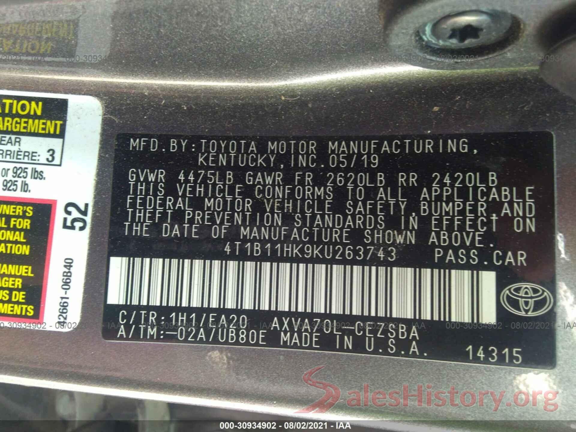 4T1B11HK9KU263743 2019 TOYOTA CAMRY