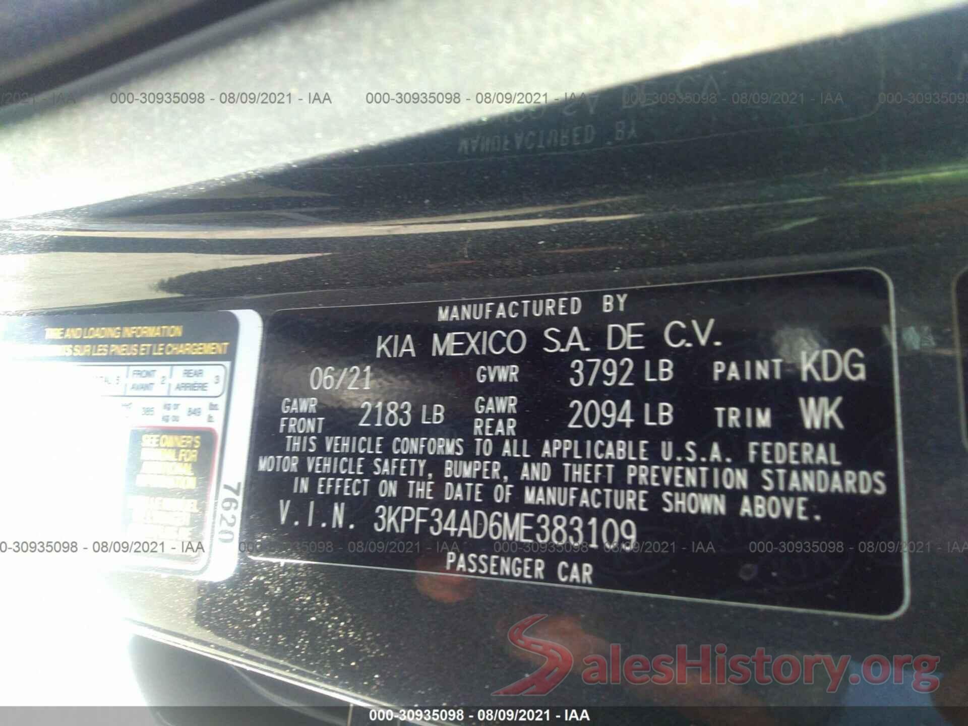 3KPF34AD6ME383109 2021 KIA FORTE