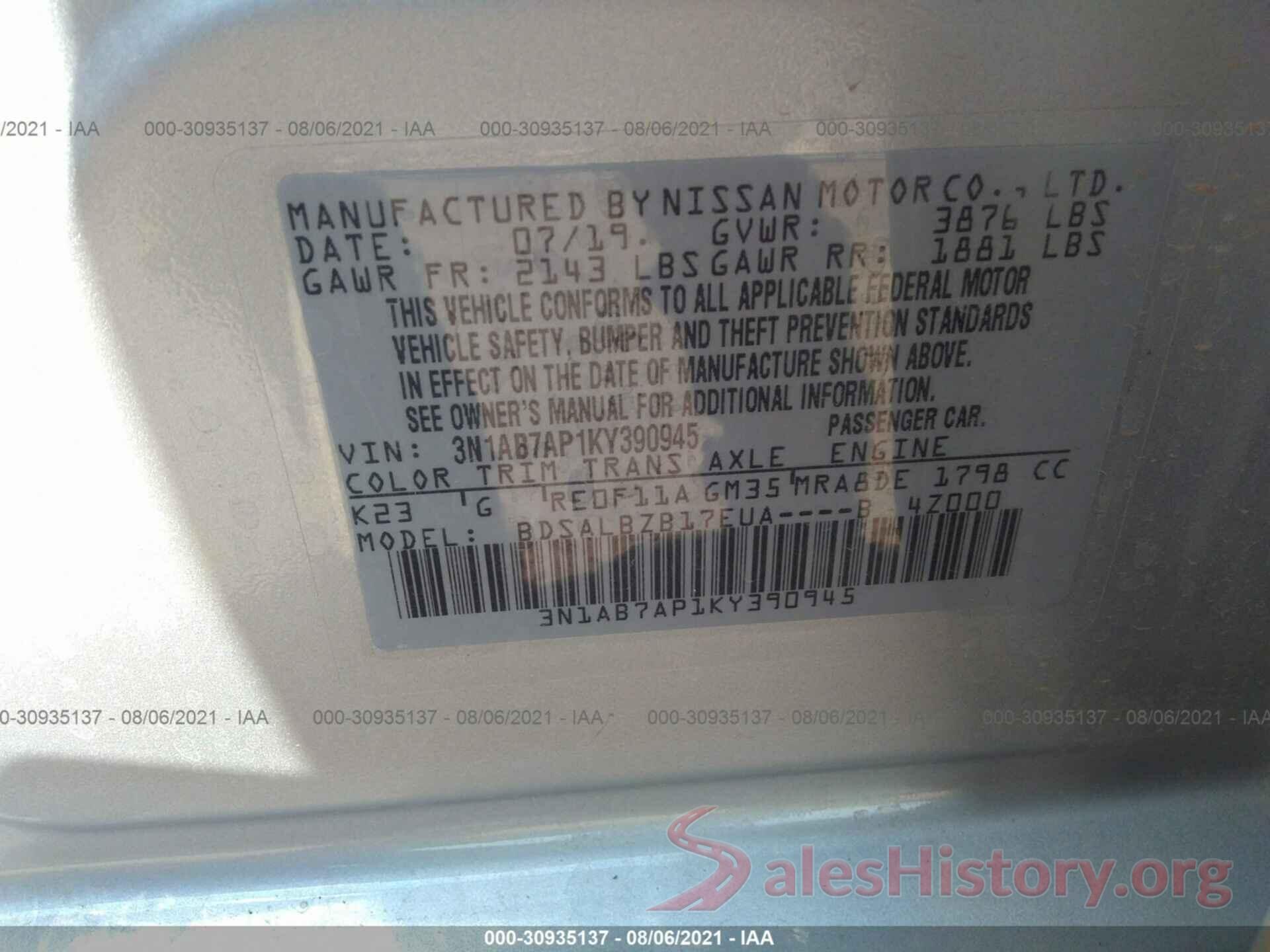 3N1AB7AP1KY390945 2019 NISSAN SENTRA