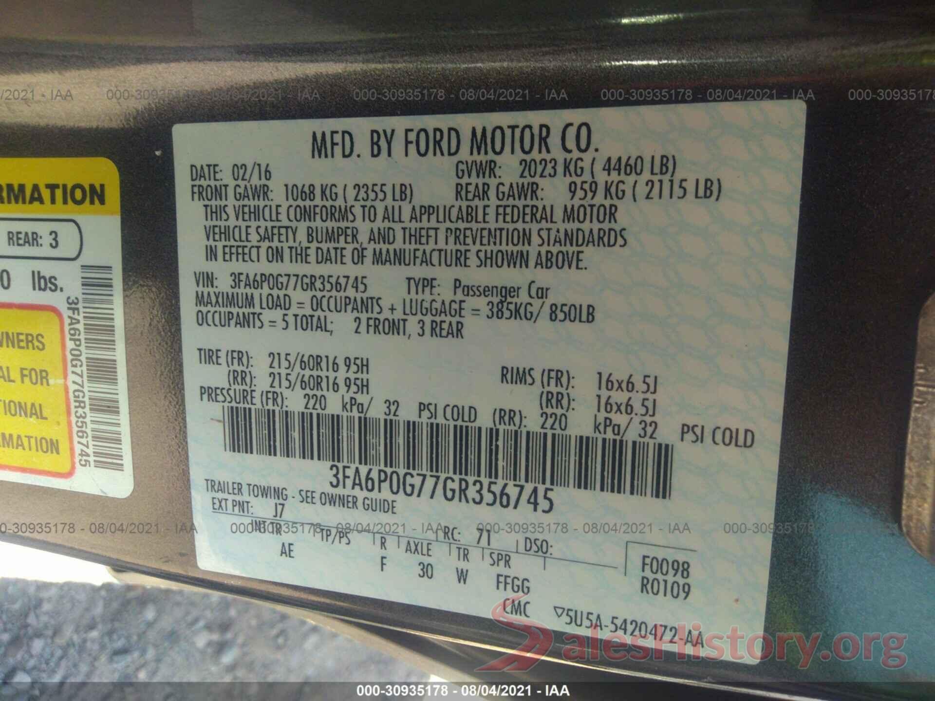 3FA6P0G77GR356745 2016 FORD FUSION