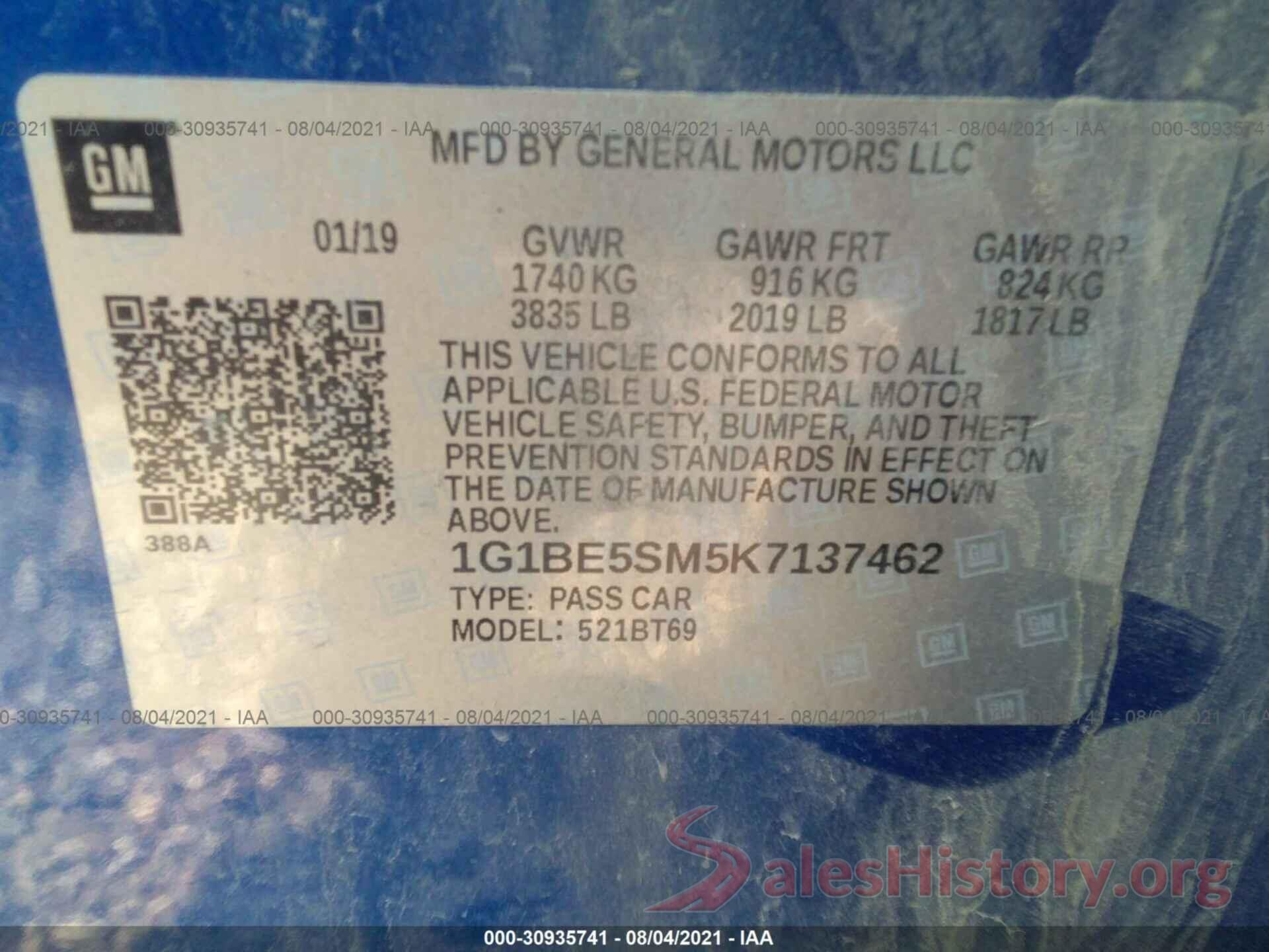 1G1BE5SM5K7137462 2019 CHEVROLET CRUZE