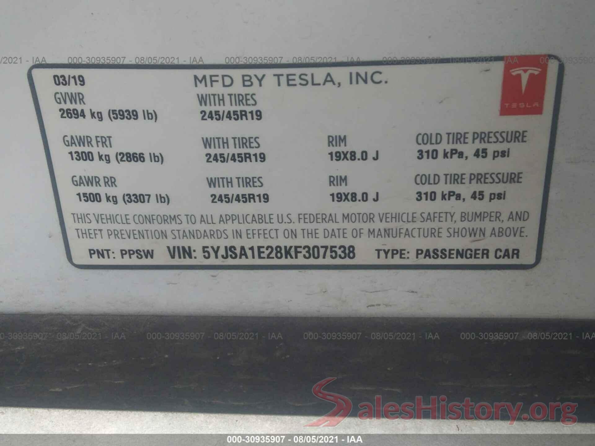 5YJSA1E28KF307538 2019 TESLA MODEL S