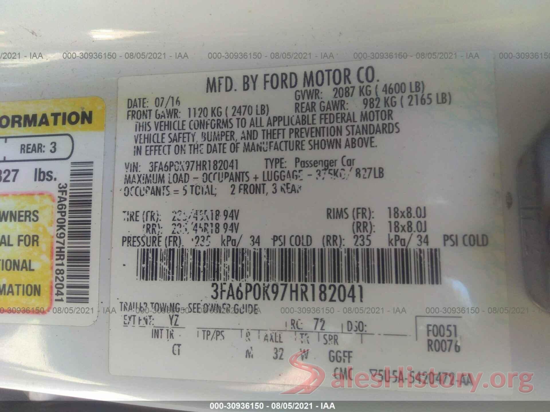 3FA6P0K97HR182041 2017 FORD FUSION