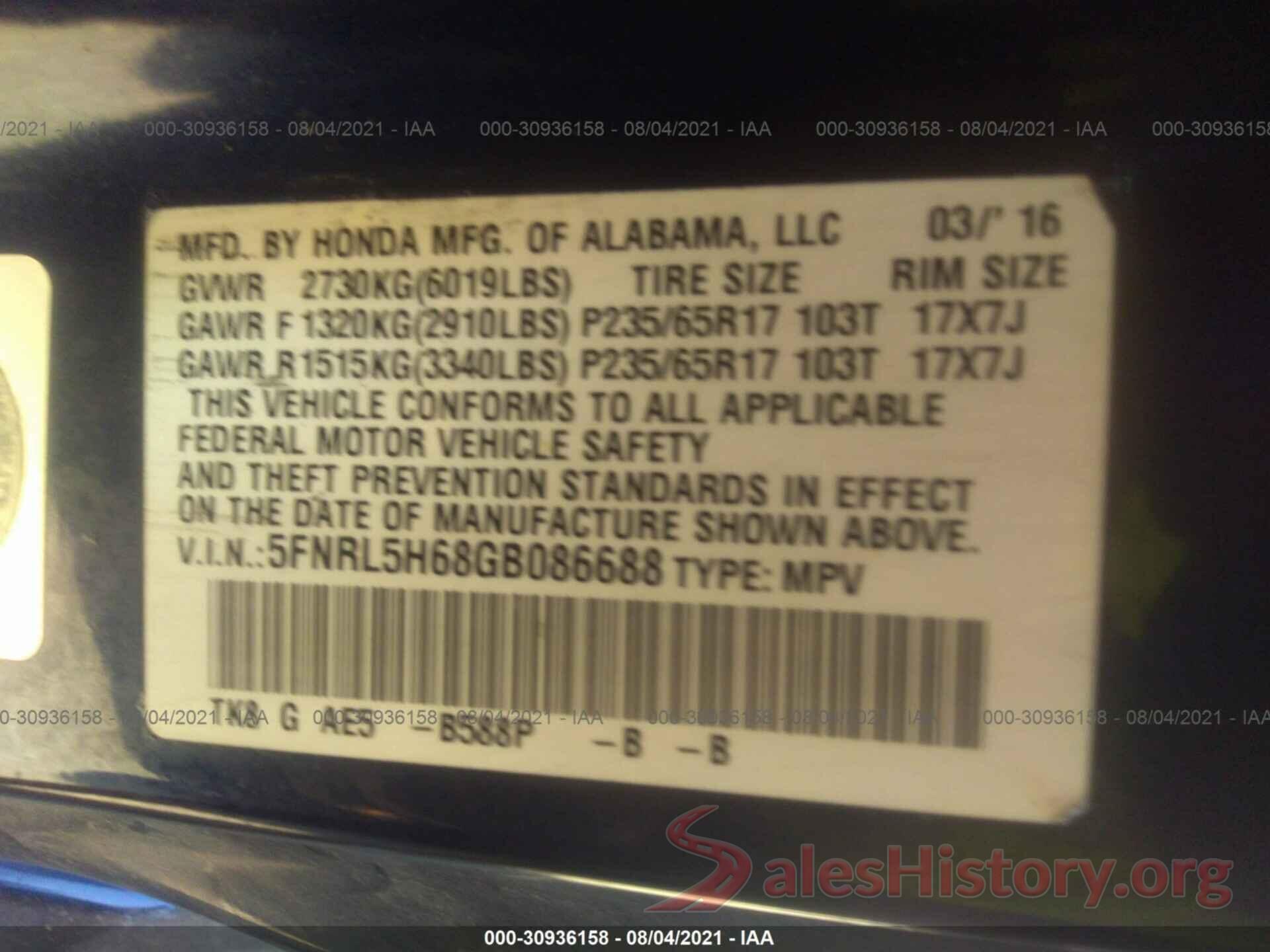 5FNRL5H68GB086688 2016 HONDA ODYSSEY