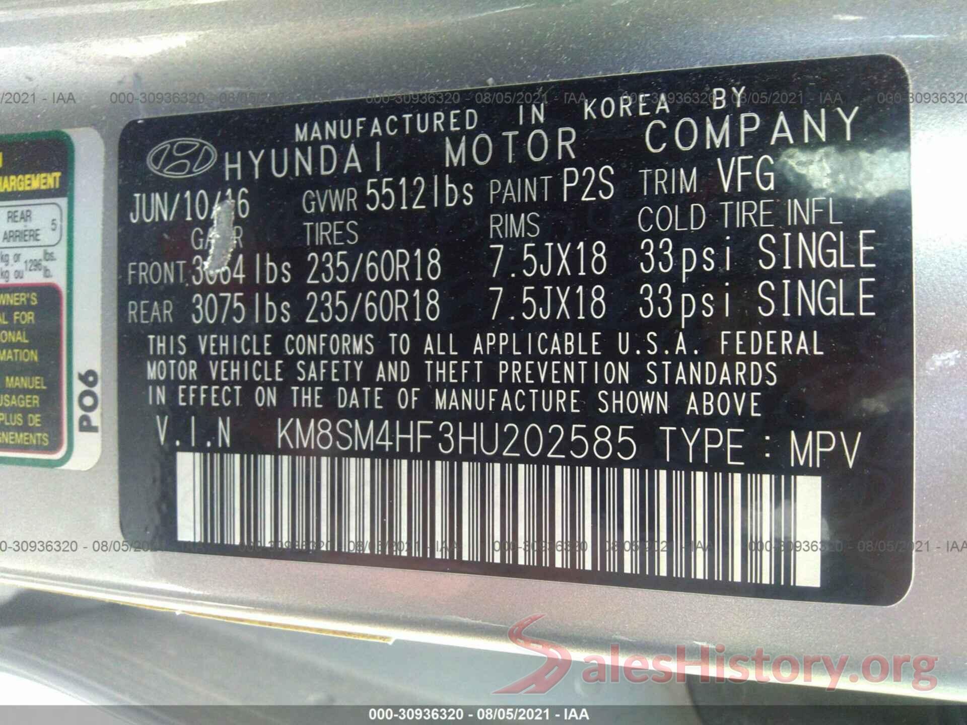 KM8SM4HF3HU202585 2017 HYUNDAI SANTA FE