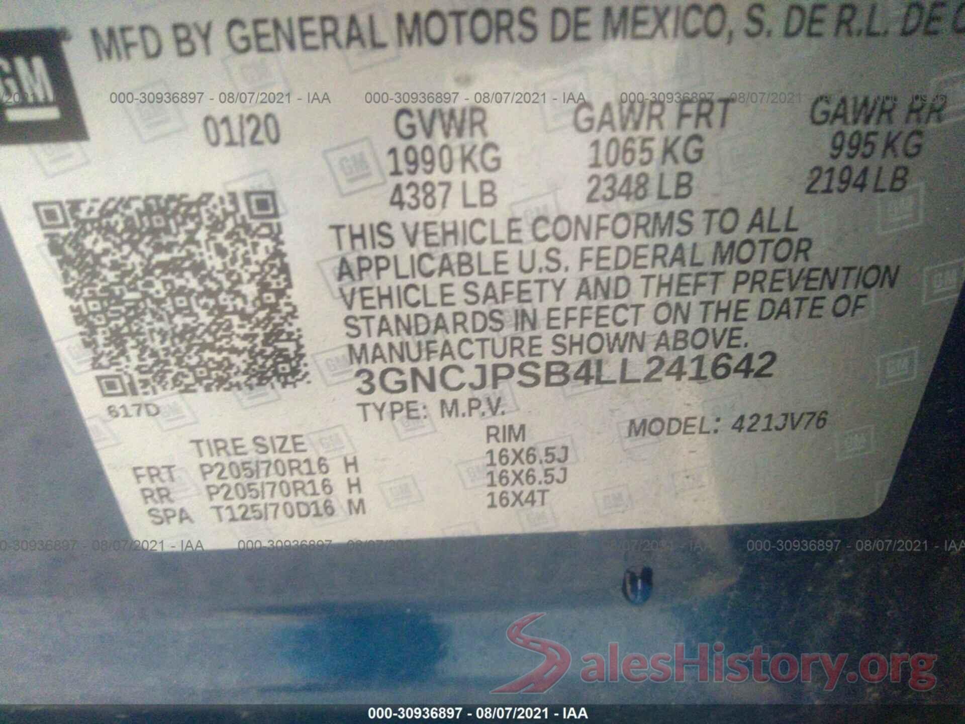 3GNCJPSB4LL241642 2020 CHEVROLET TRAX