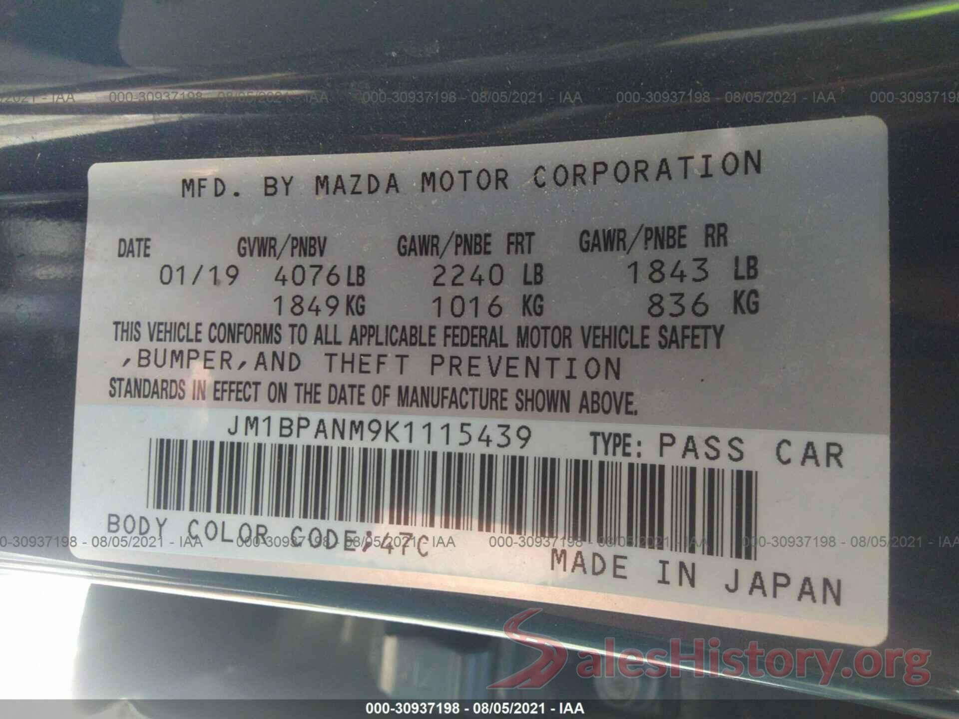 JM1BPANM9K1115439 2019 MAZDA MAZDA3 HATCHBACK