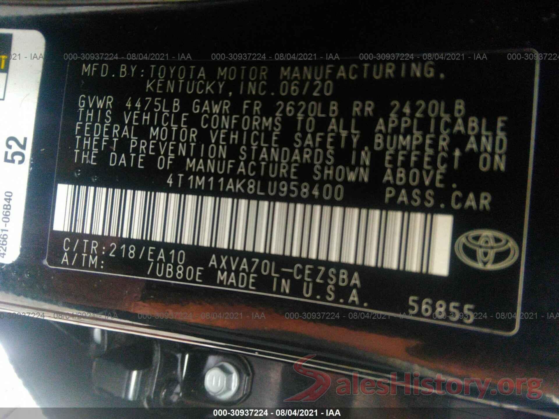 4T1M11AK8LU958400 2020 TOYOTA CAMRY