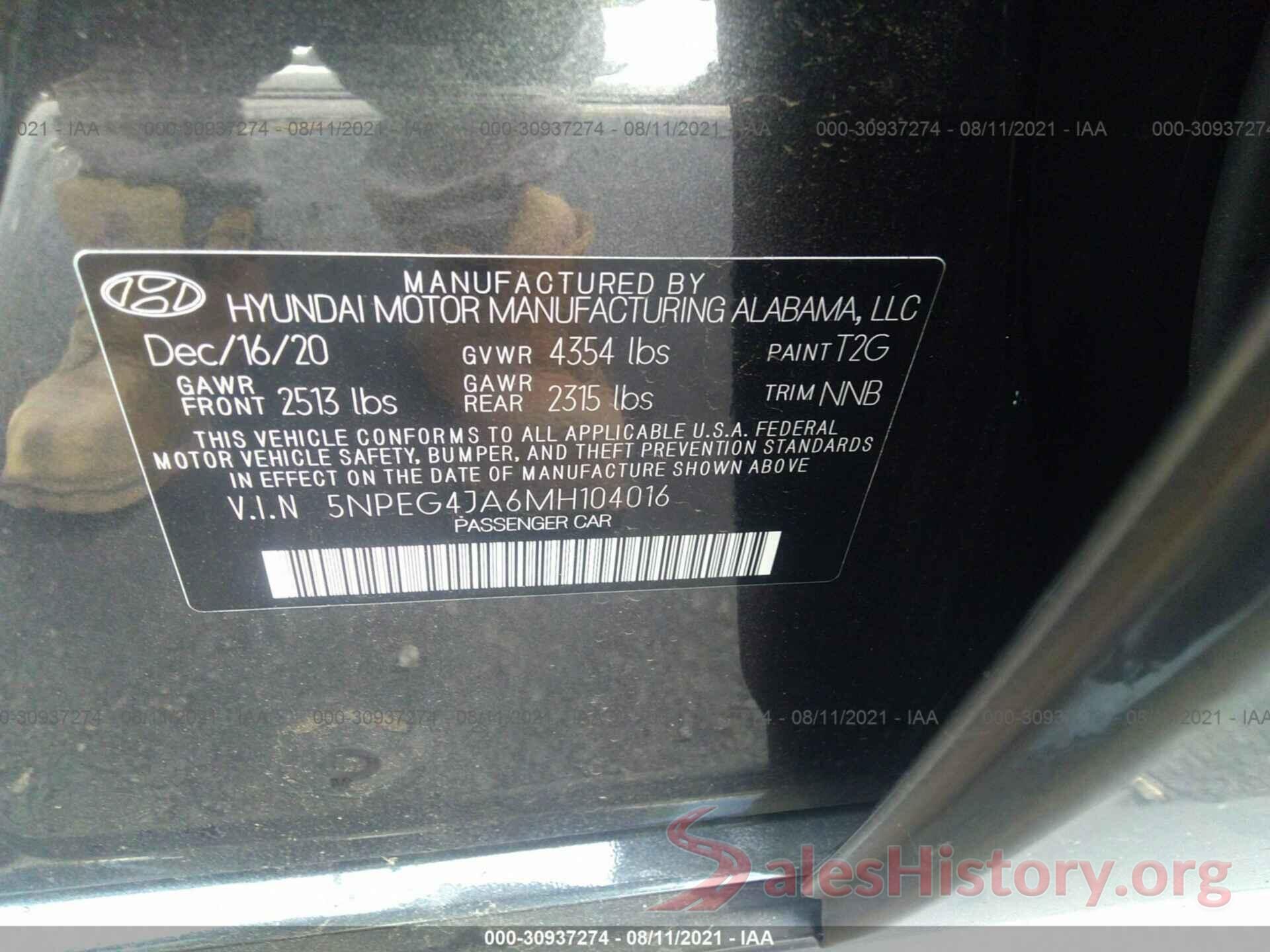 5NPEG4JA6MH104016 2021 HYUNDAI SONATA