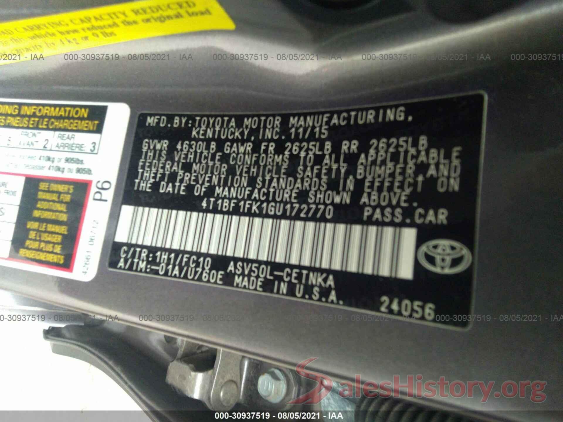 4T1BF1FK1GU172770 2016 TOYOTA CAMRY