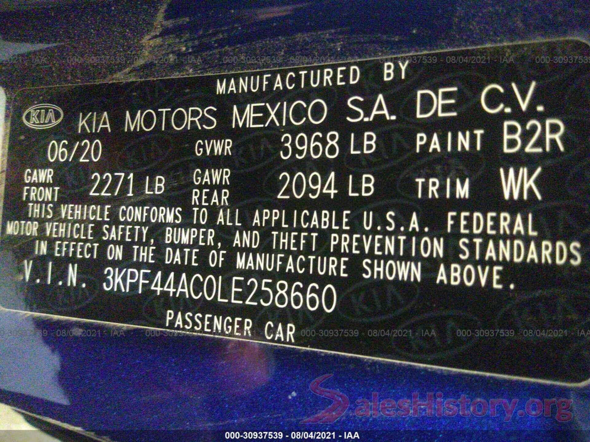 3KPF44AC0LE258660 2020 KIA FORTE