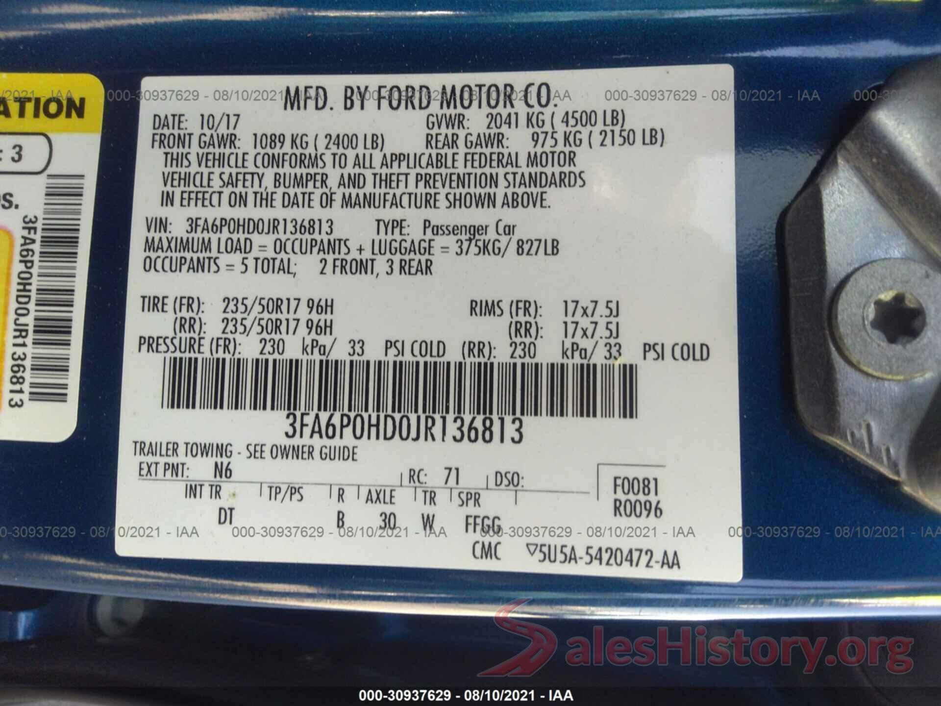 3FA6P0HD0JR136813 2018 FORD FUSION