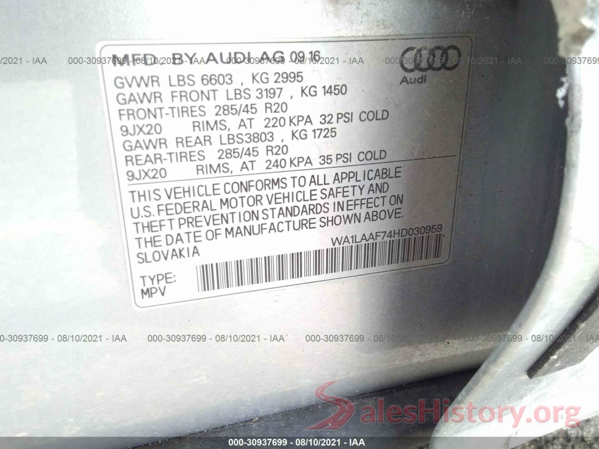 WA1LAAF74HD030959 2017 AUDI Q7