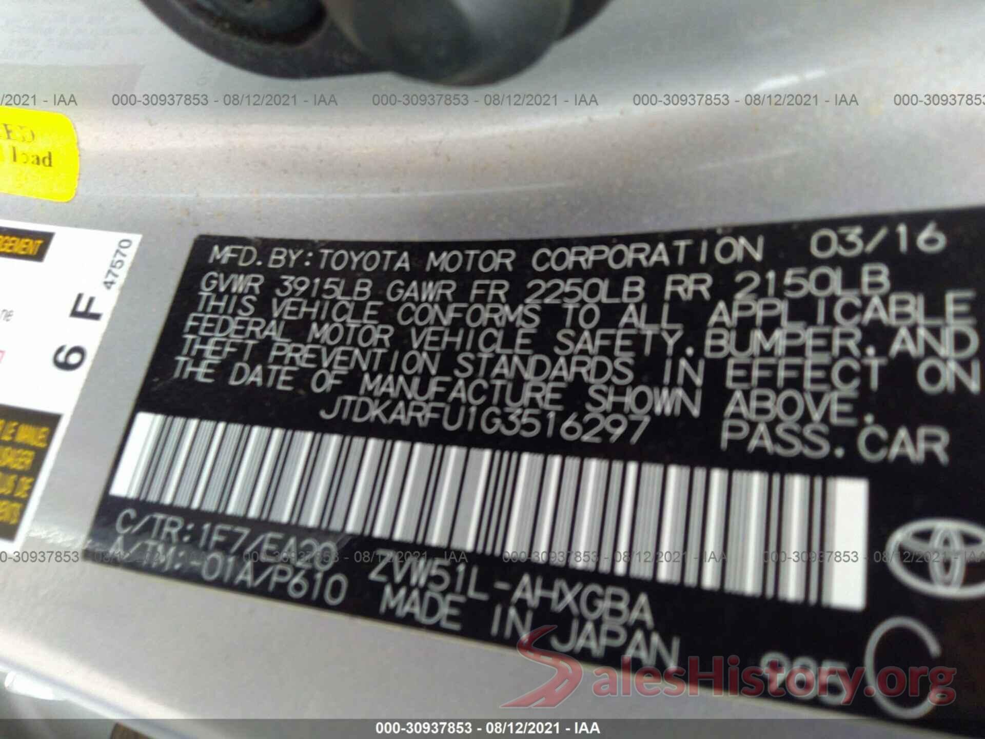 JTDKARFU1G3516297 2016 TOYOTA PRIUS