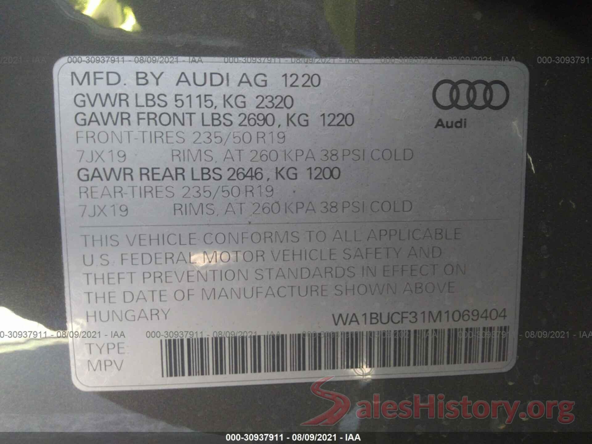 WA1BUCF31M1069404 2021 AUDI Q3