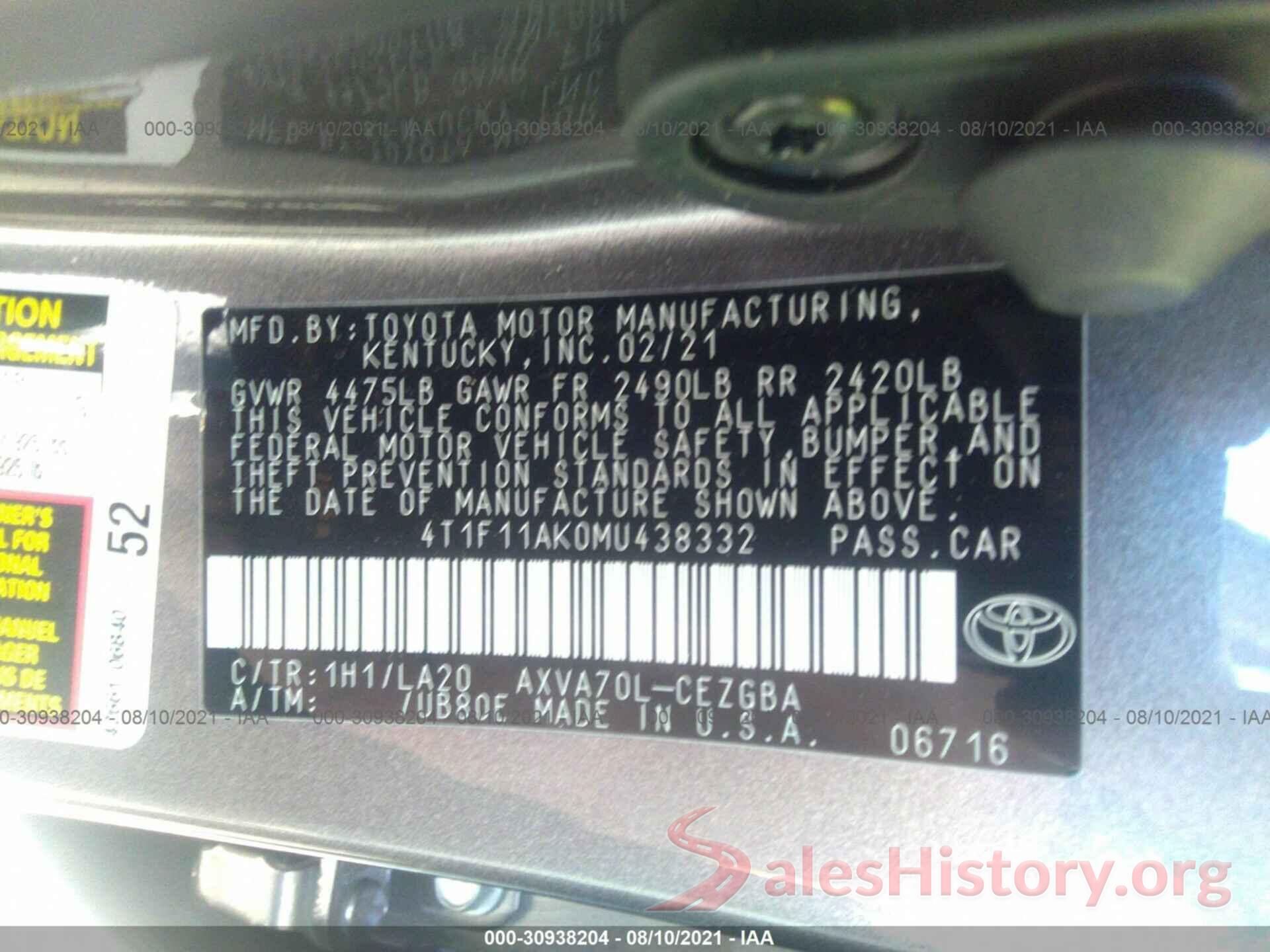 4T1F11AK0MU438332 2021 TOYOTA CAMRY