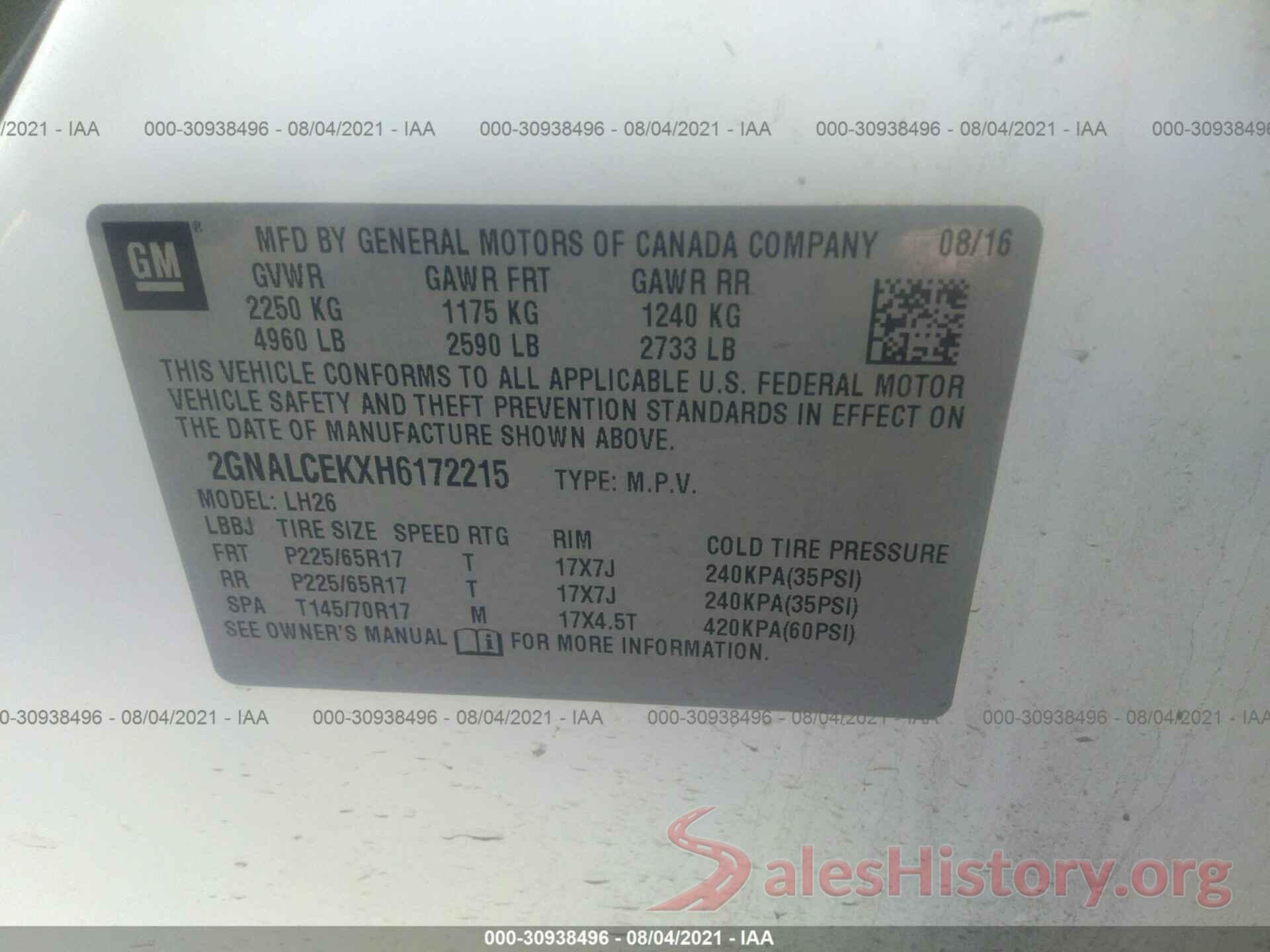 2GNALCEKXH6172215 2017 CHEVROLET EQUINOX