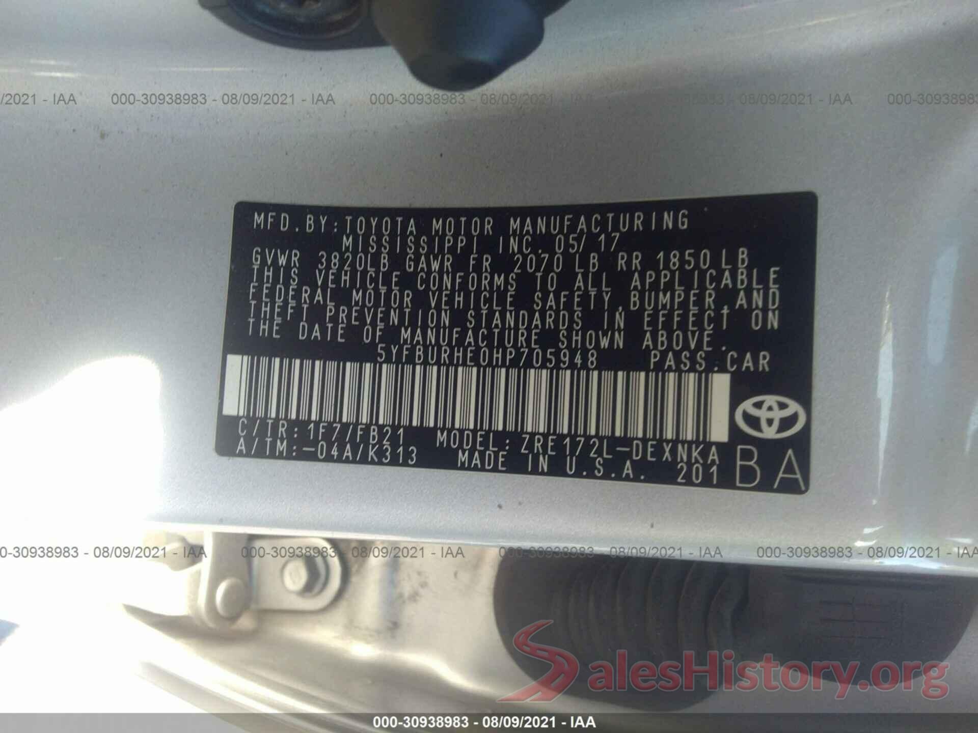 5YFBURHE0HP705948 2017 TOYOTA COROLLA