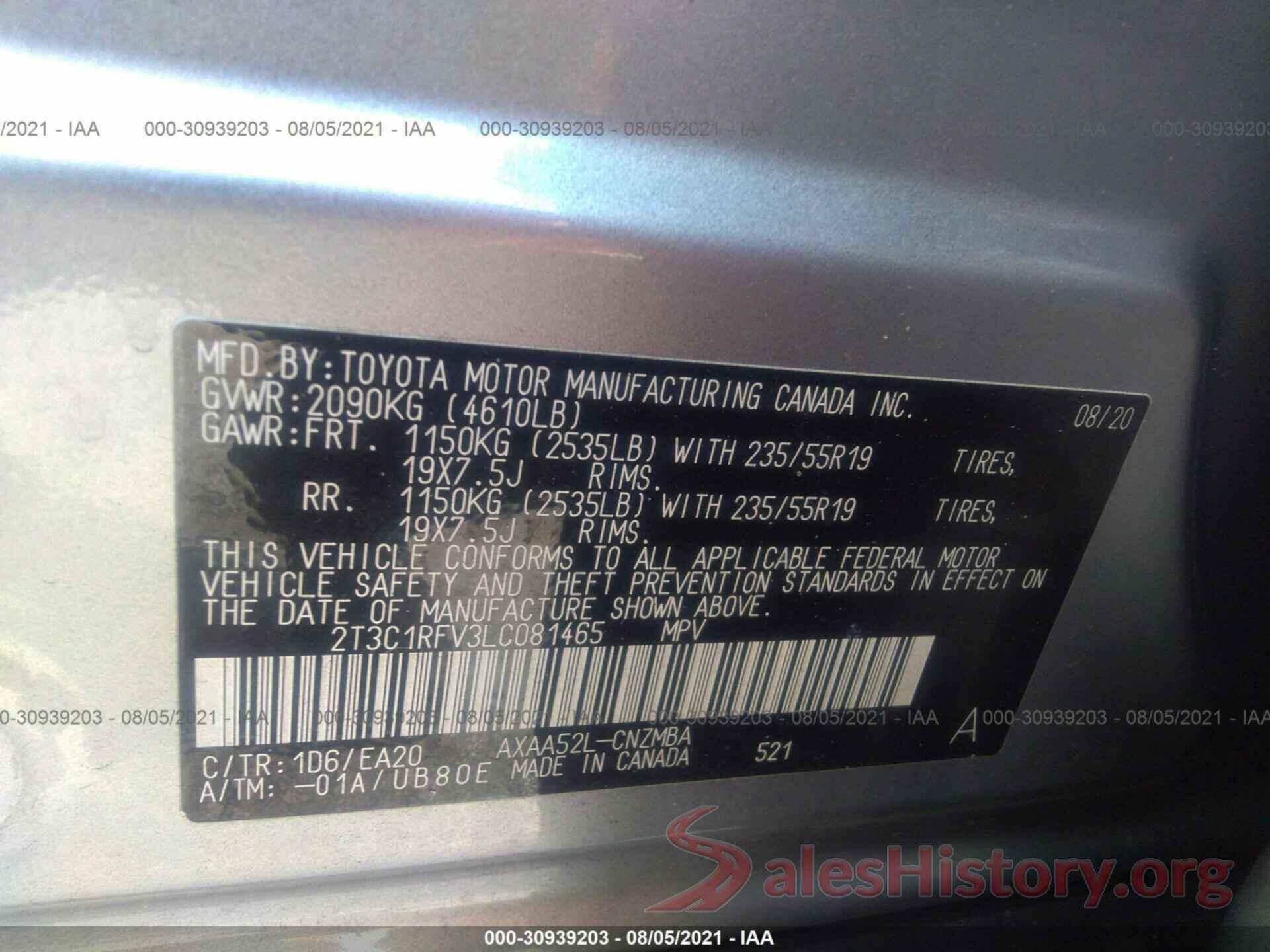 2T3C1RFV3LC081465 2020 TOYOTA RAV4