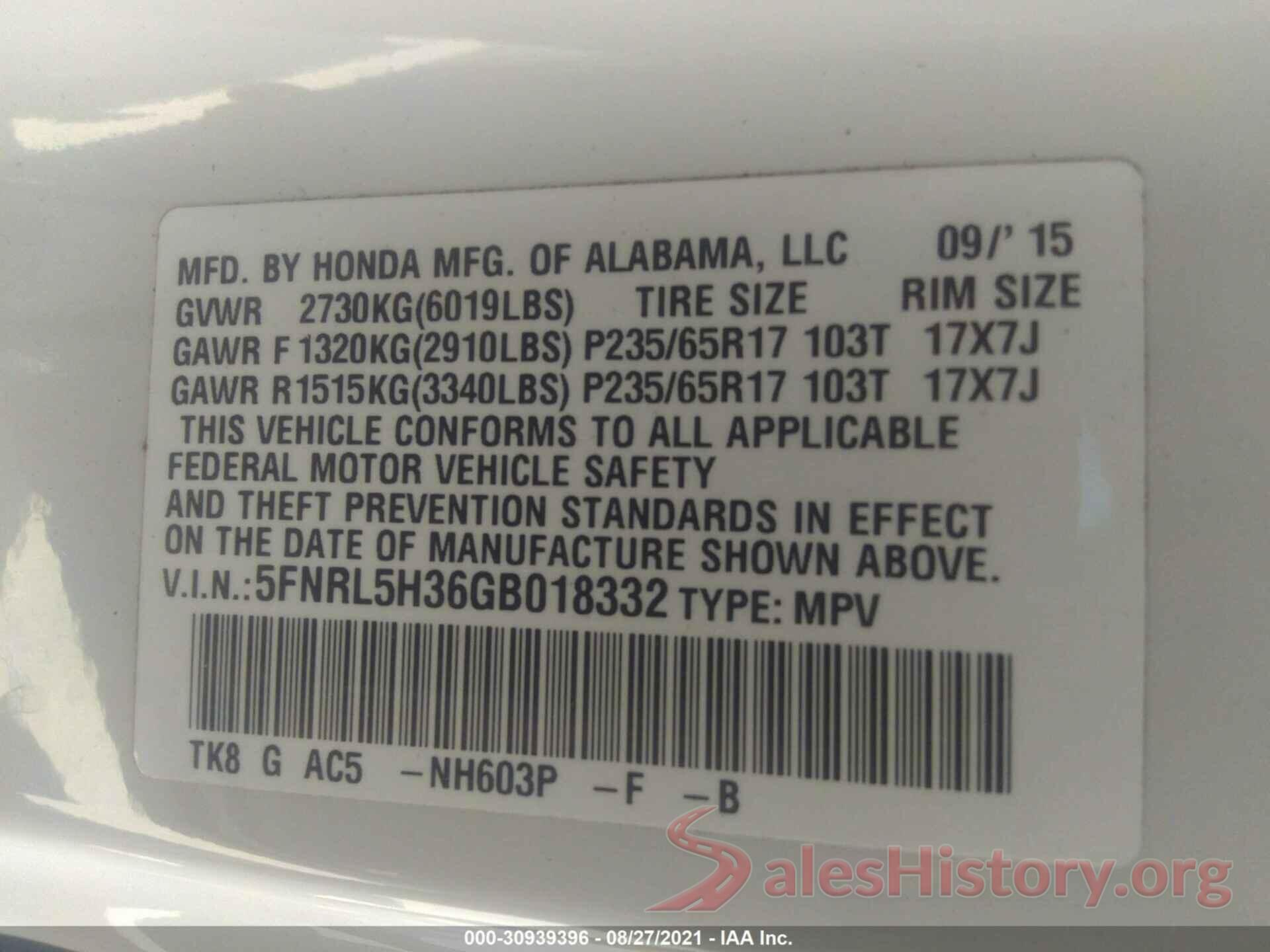 5FNRL5H36GB018332 2016 HONDA ODYSSEY