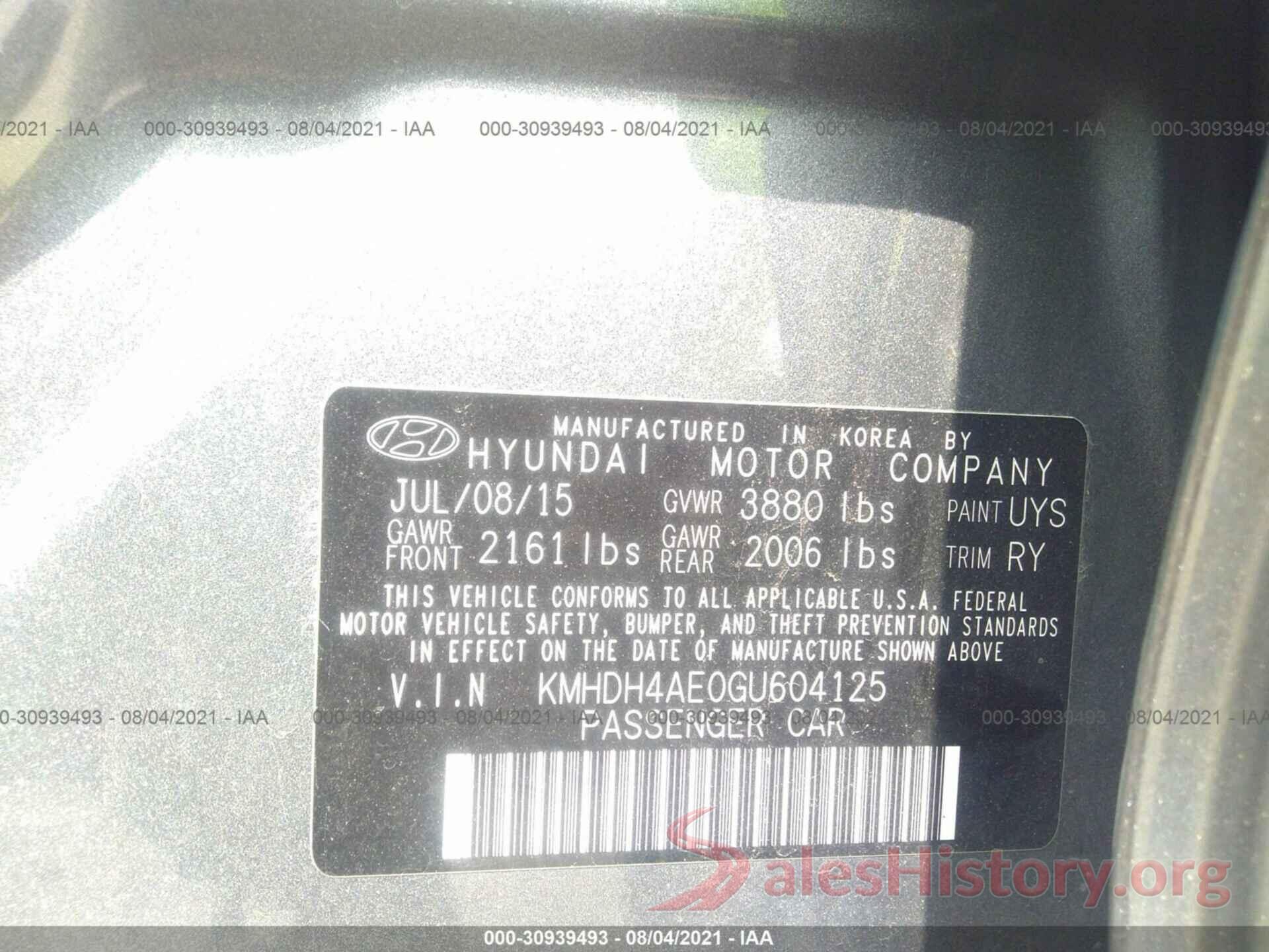 KMHDH4AE0GU604125 2016 HYUNDAI ELANTRA