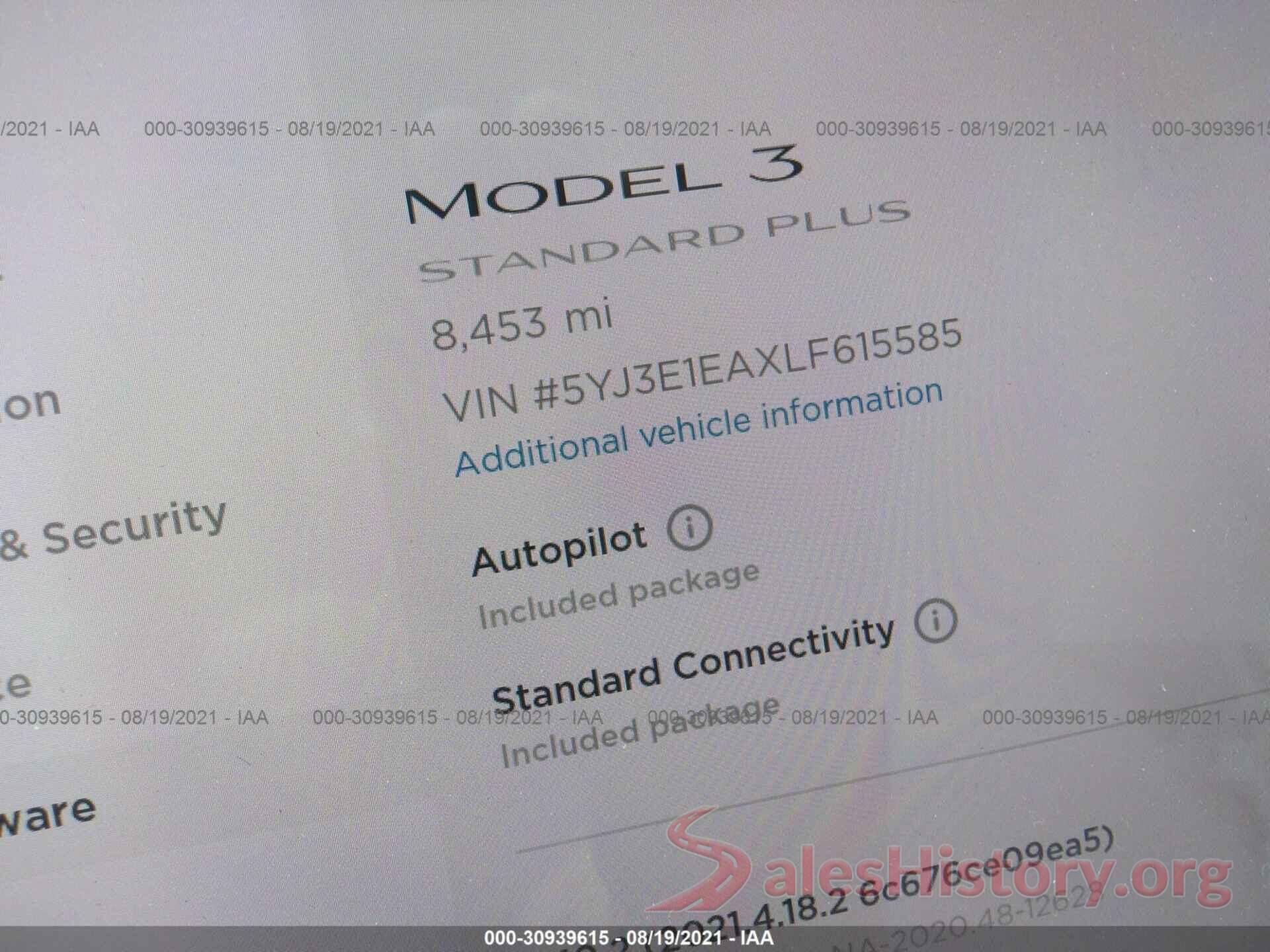 5YJ3E1EAXLF615585 2020 TESLA MODEL 3