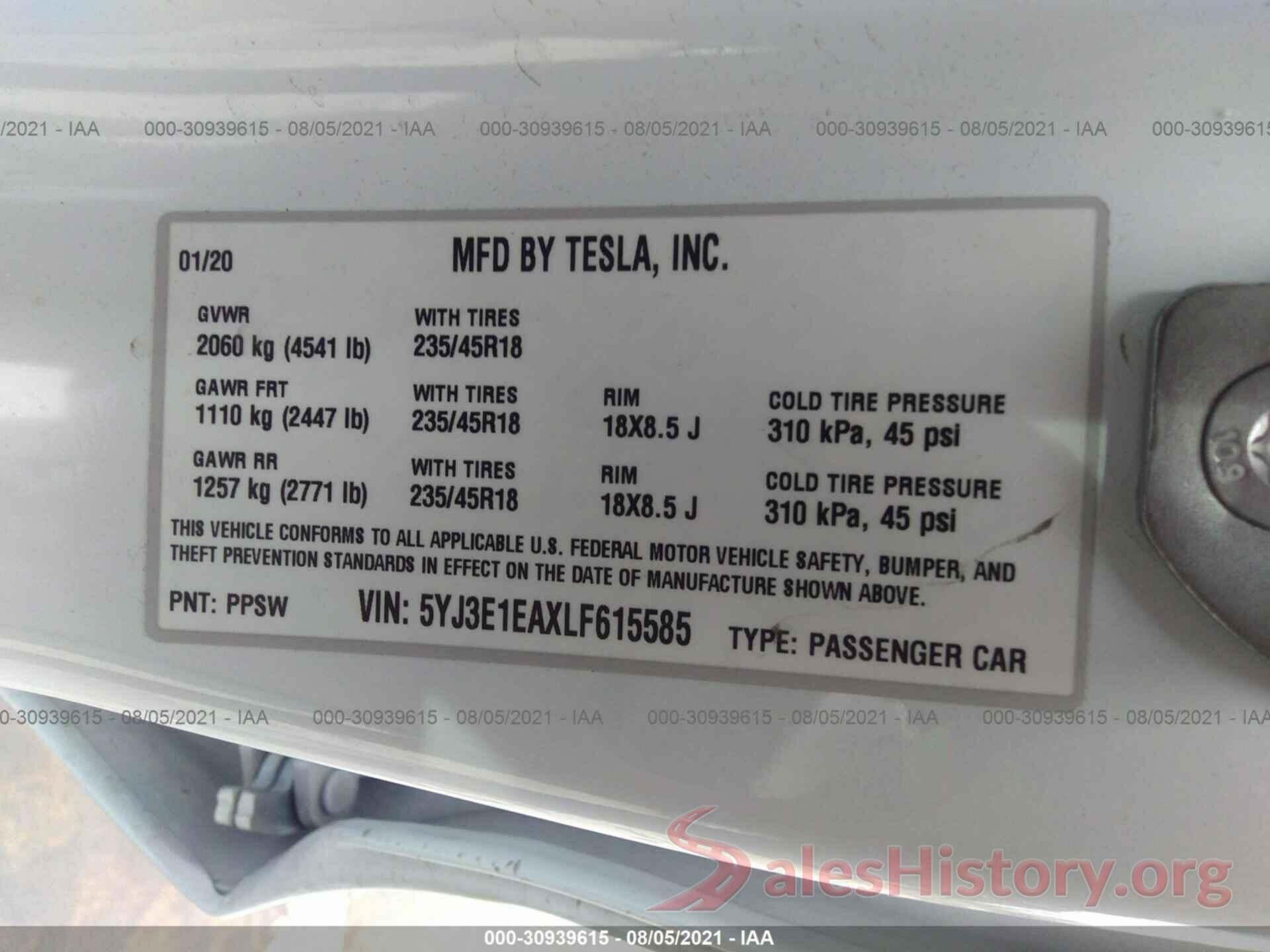 5YJ3E1EAXLF615585 2020 TESLA MODEL 3