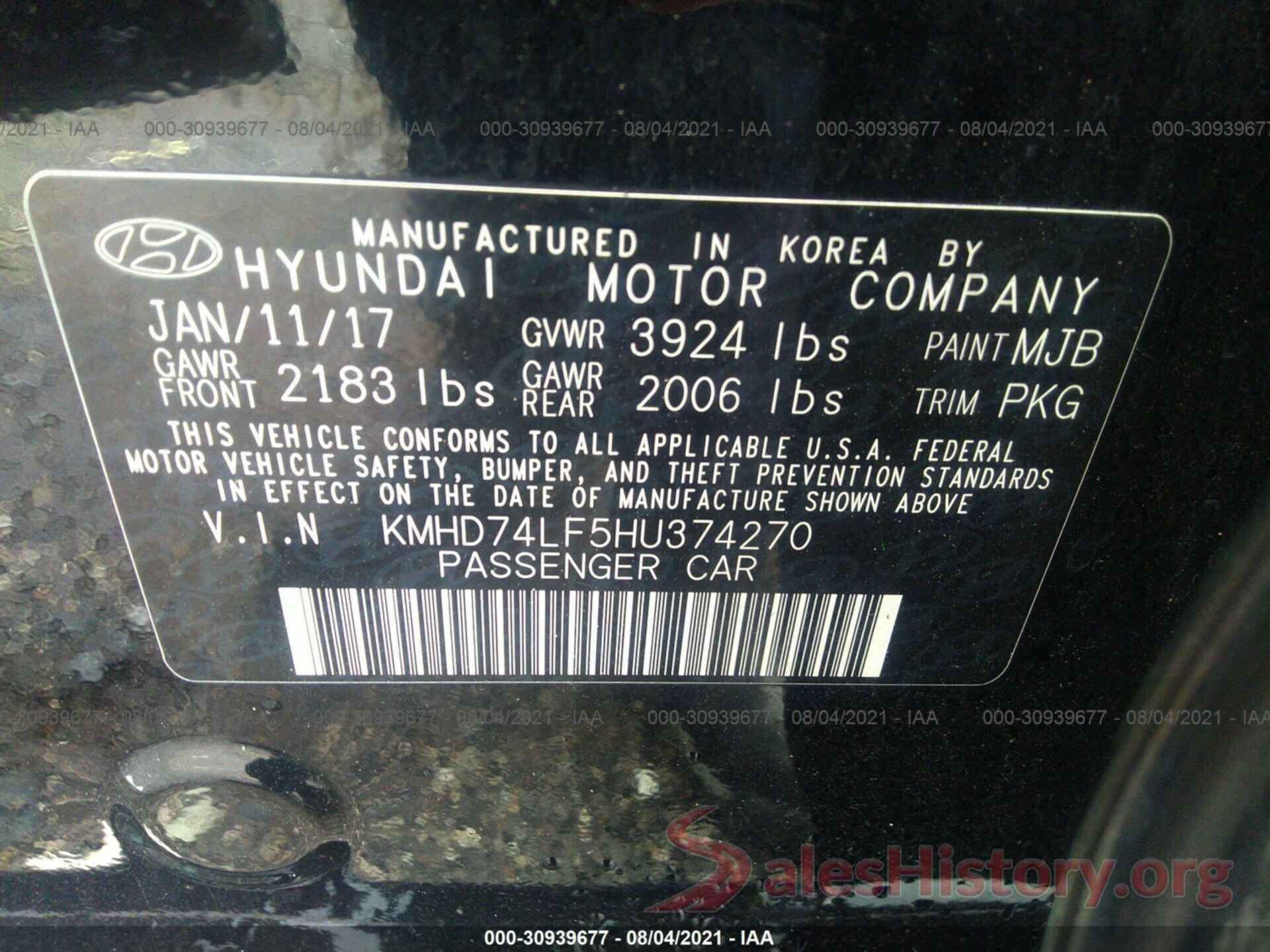 KMHD74LF5HU374270 2017 HYUNDAI ELANTRA