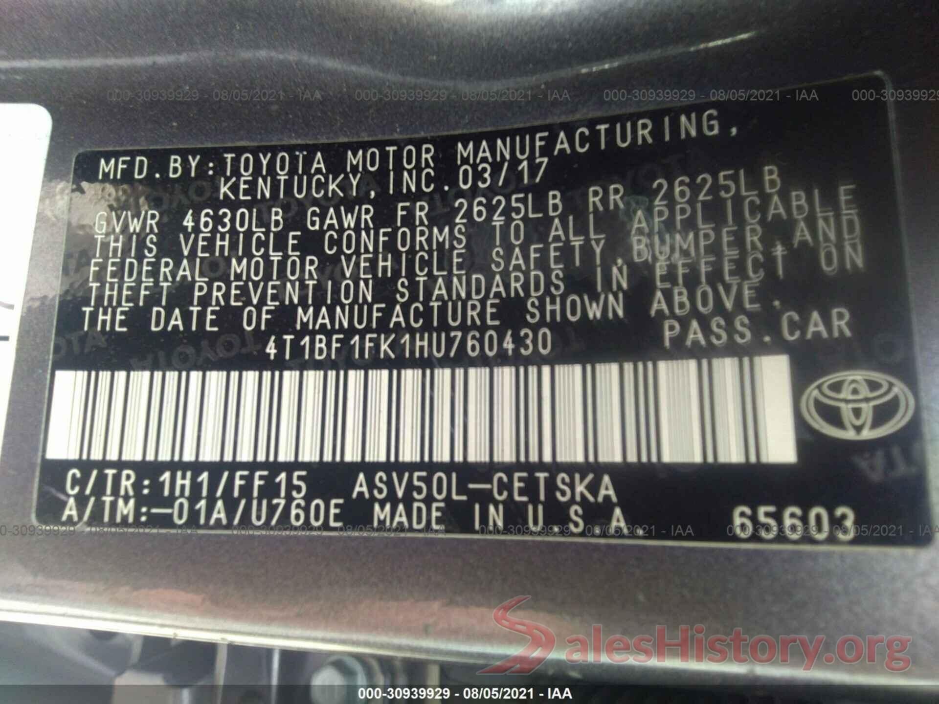 4T1BF1FK1HU760430 2017 TOYOTA CAMRY