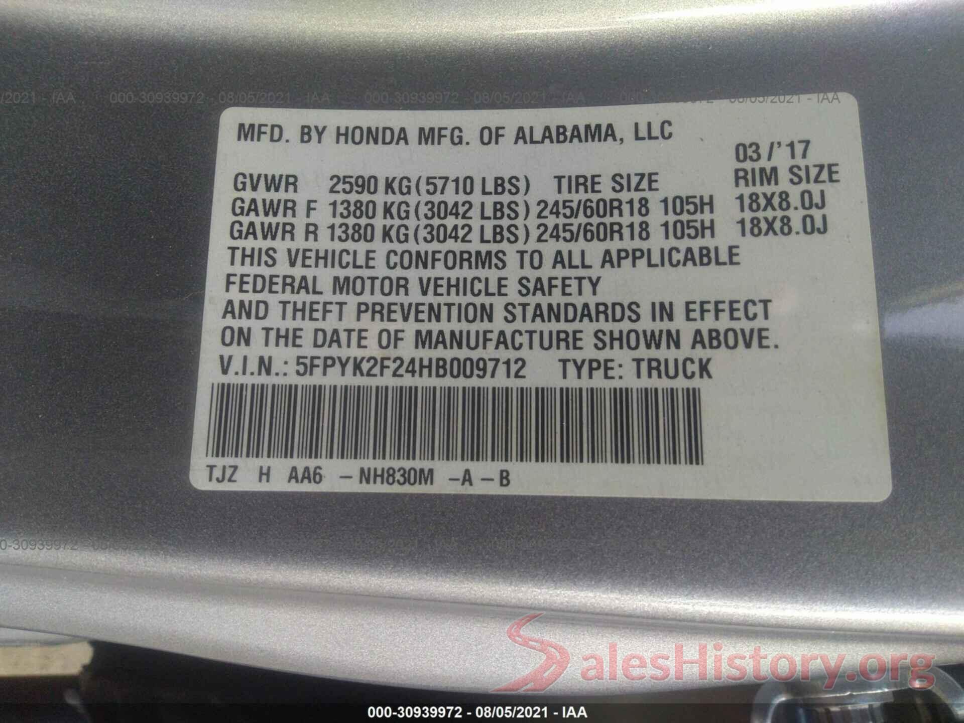 5FPYK2F24HB009712 2017 HONDA RIDGELINE