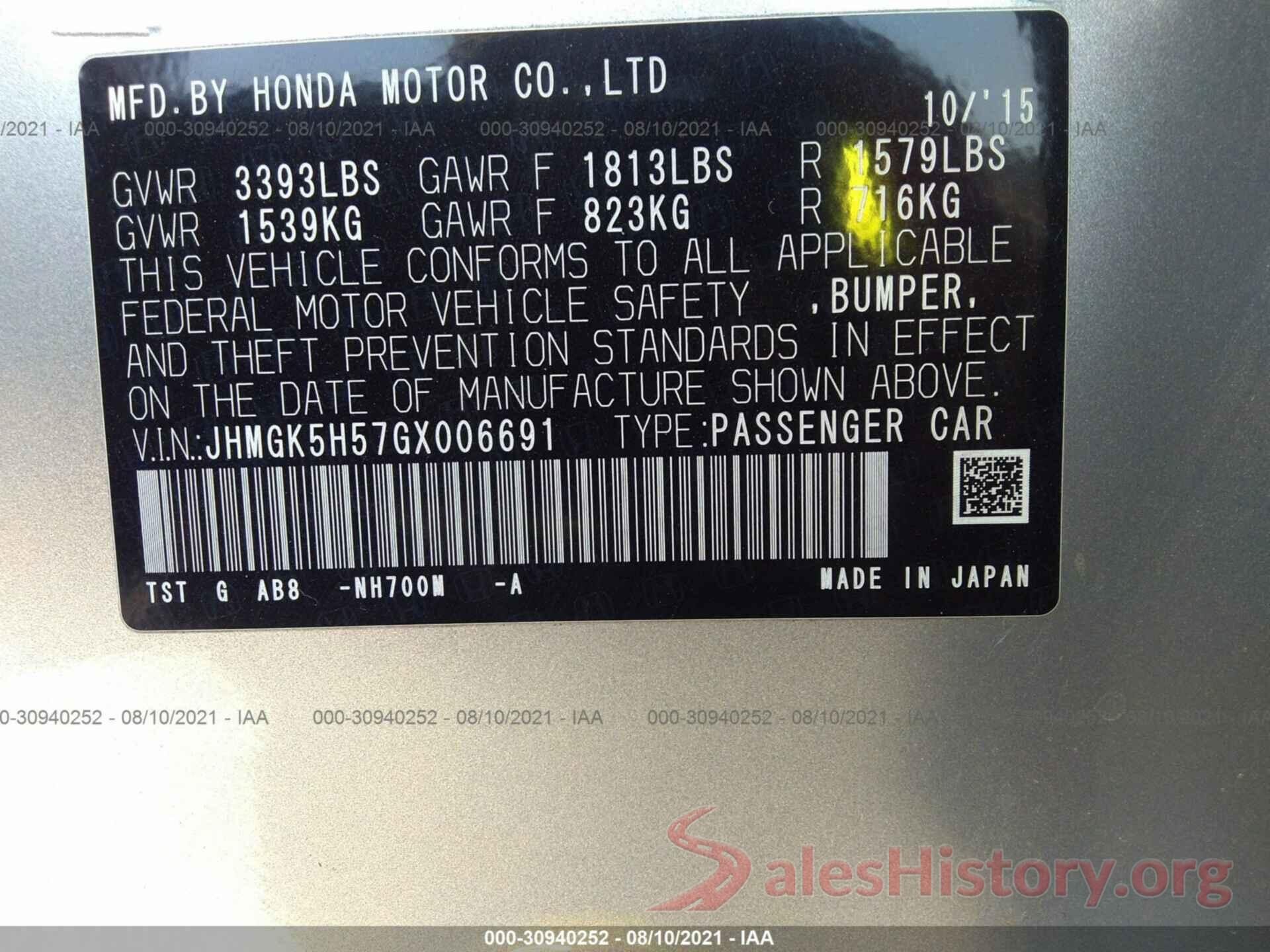 JHMGK5H57GX006691 2016 HONDA FIT