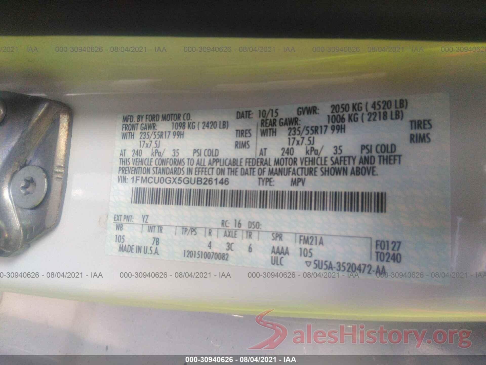 1FMCU0GX5GUB26146 2016 FORD ESCAPE