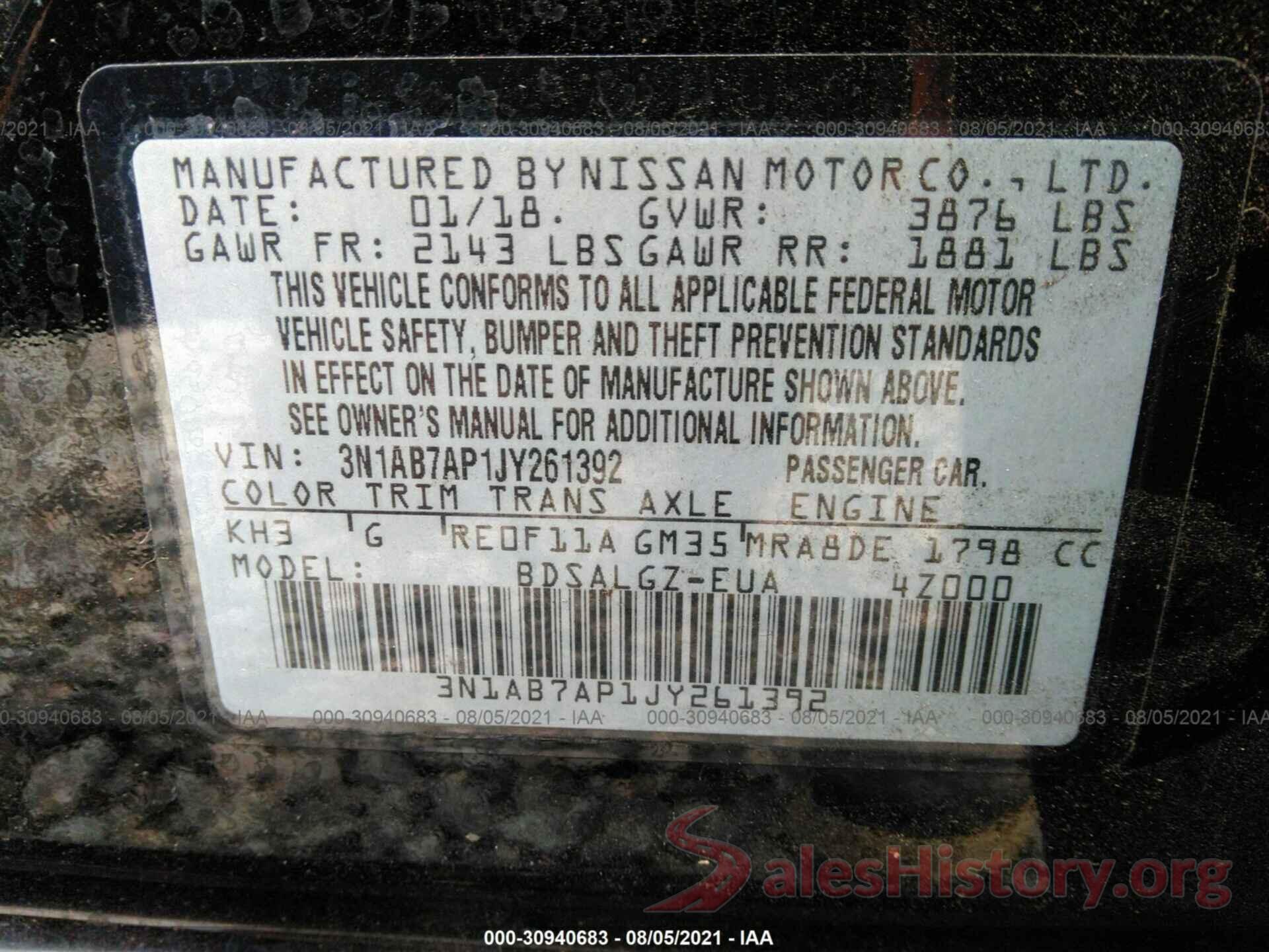 3N1AB7AP1JY261392 2018 NISSAN SENTRA