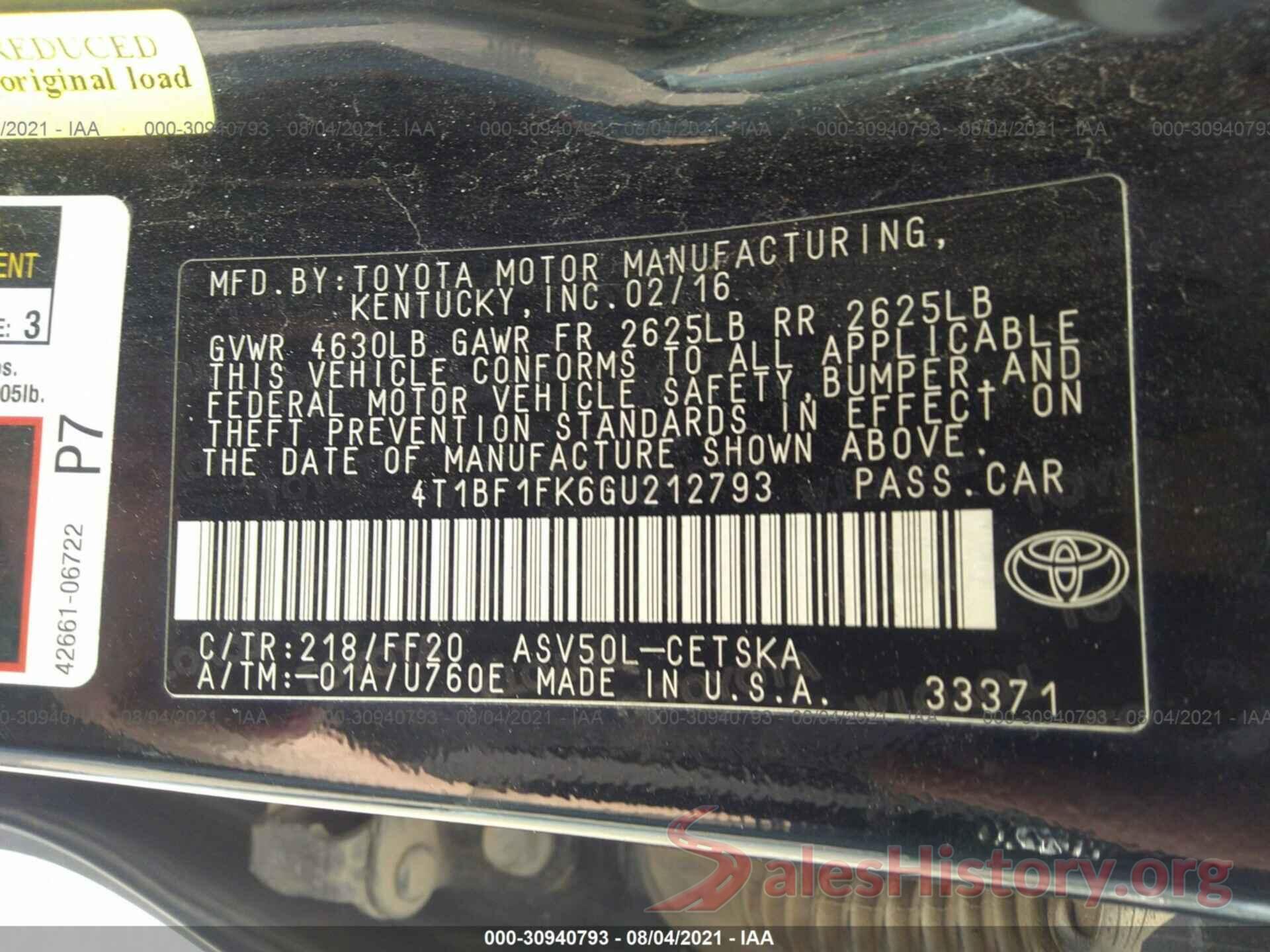 4T1BF1FK6GU212793 2016 TOYOTA CAMRY