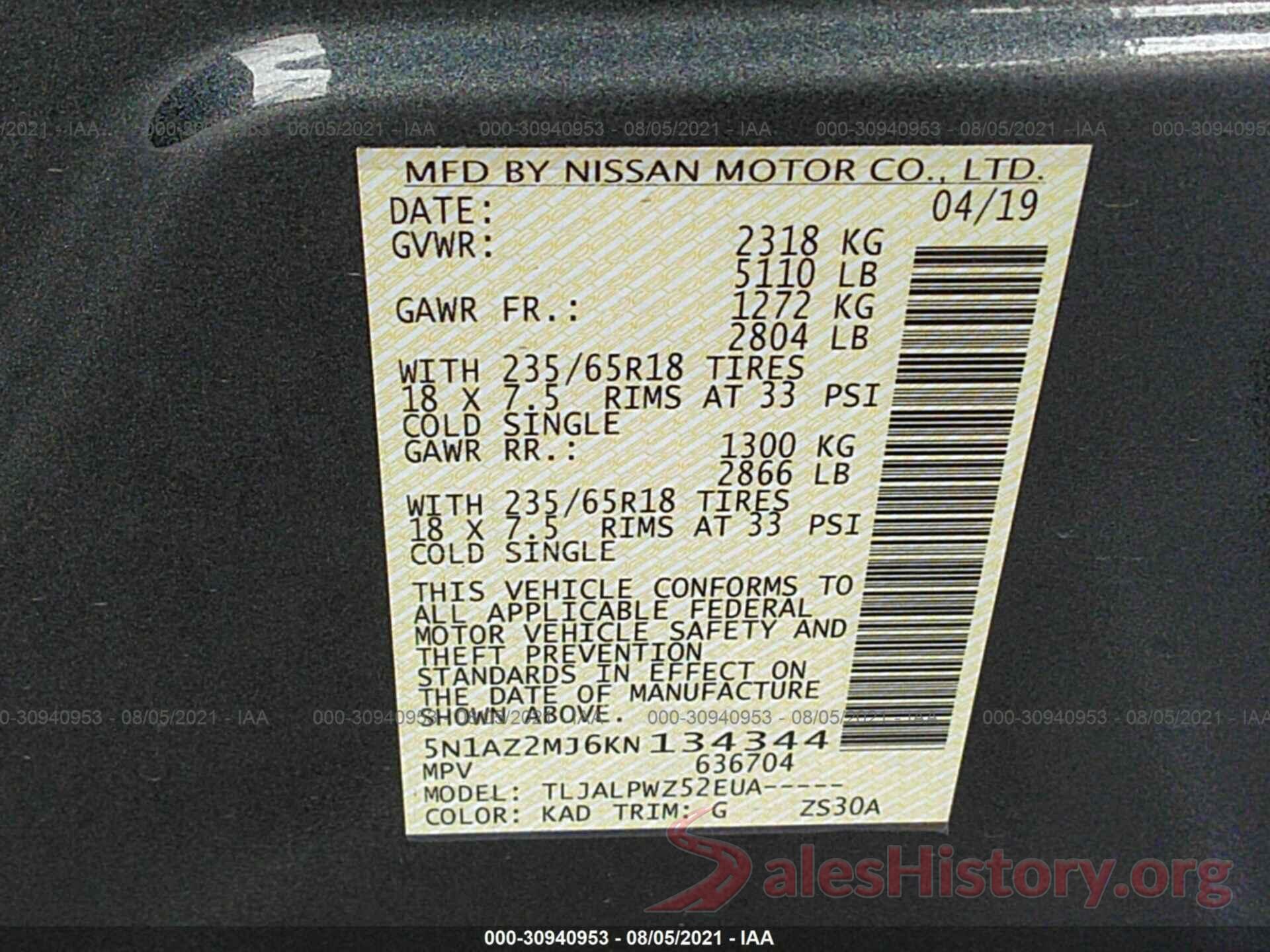 5N1AZ2MJ6KN134344 2019 NISSAN MURANO