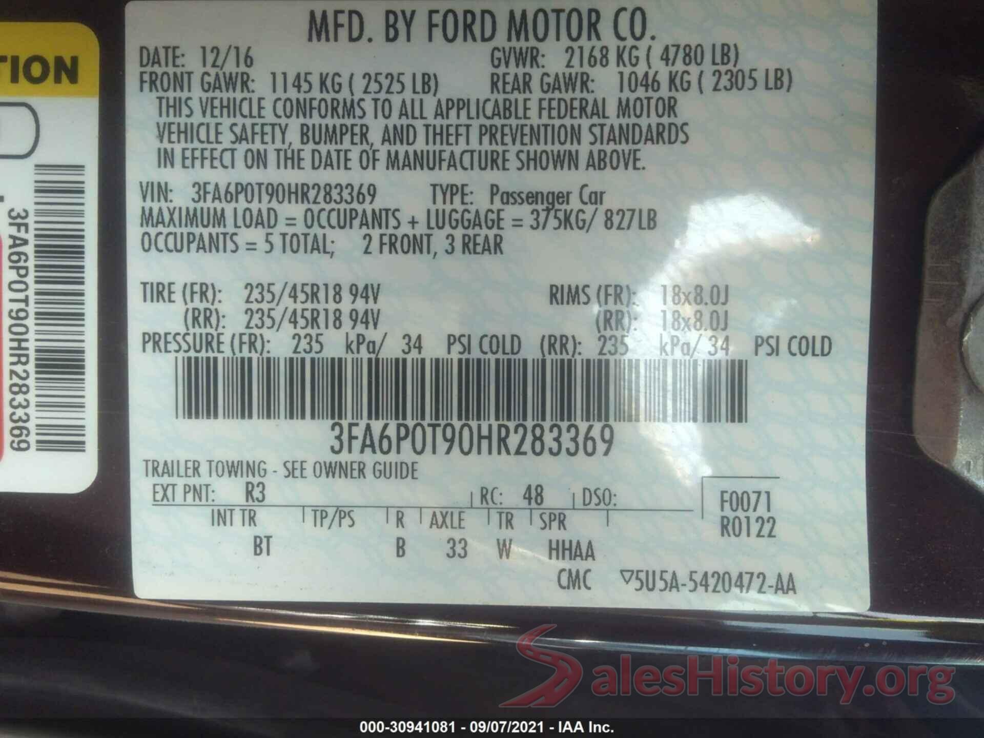 3FA6P0T90HR283369 2017 FORD FUSION