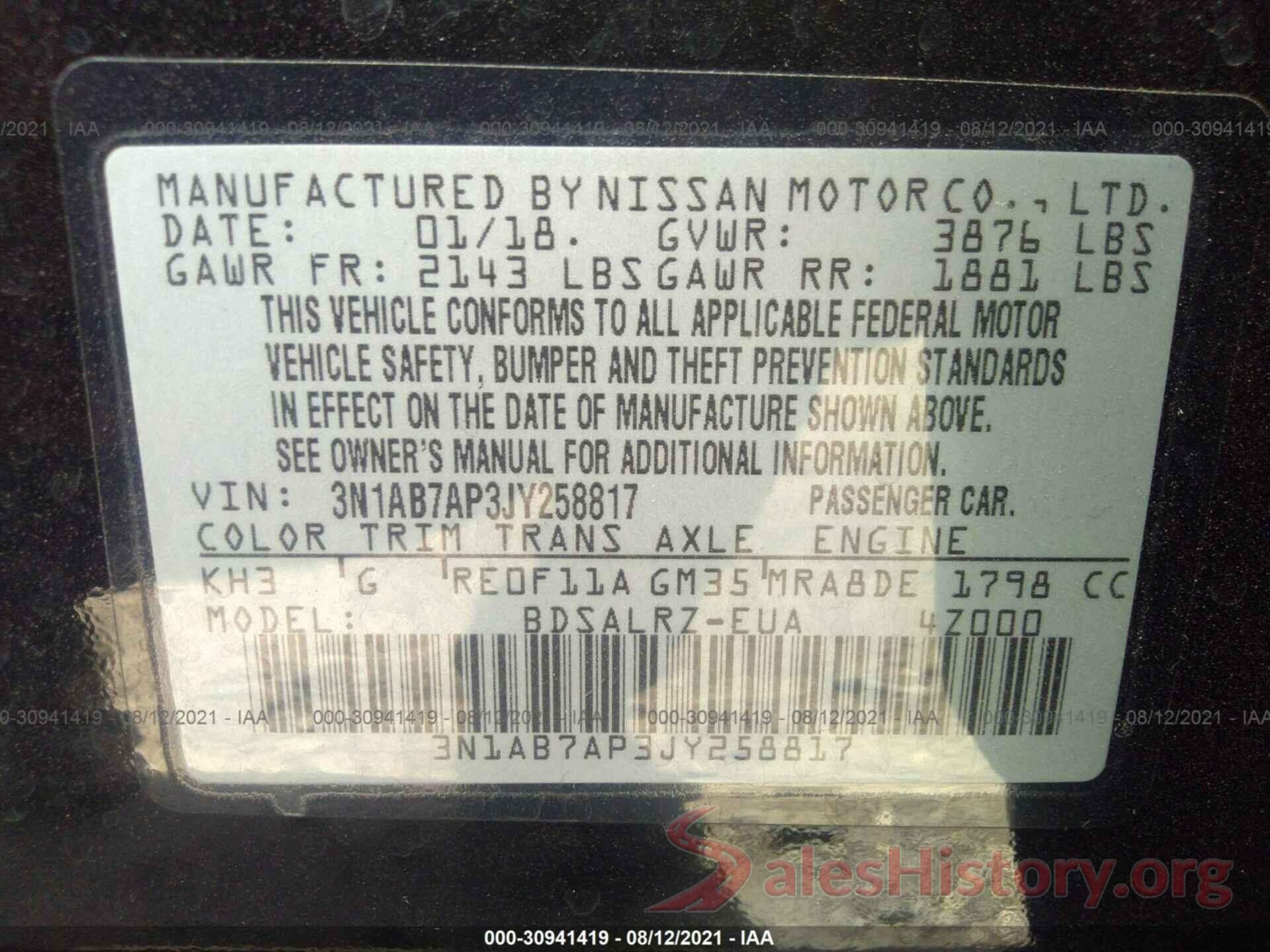 3N1AB7AP3JY258817 2018 NISSAN SENTRA