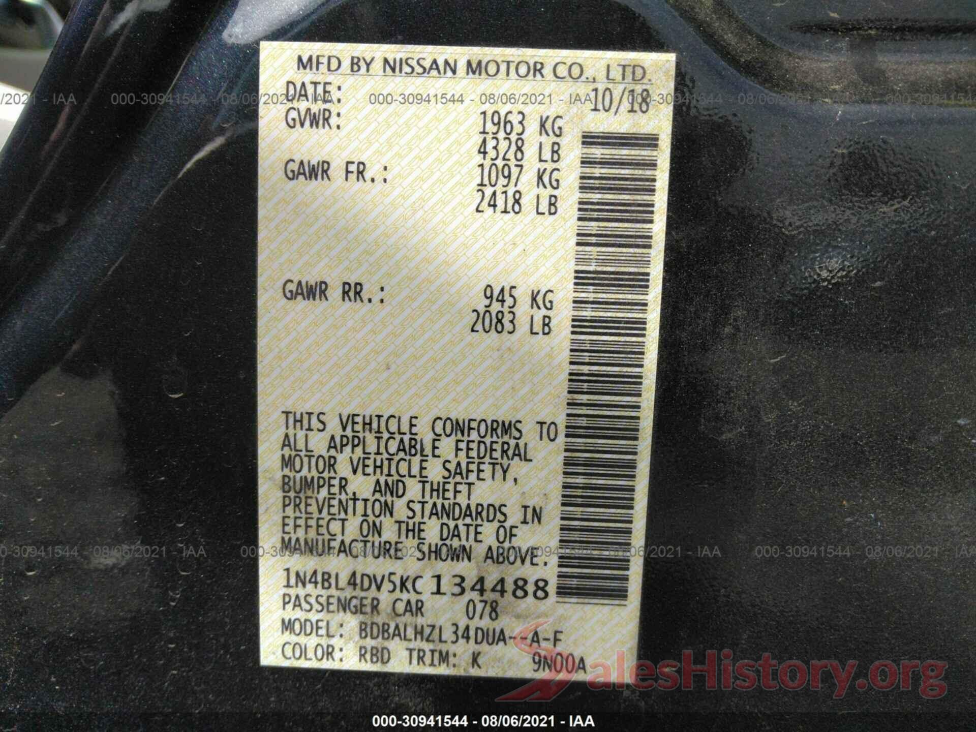 1N4BL4DV5KC134488 2019 NISSAN ALTIMA