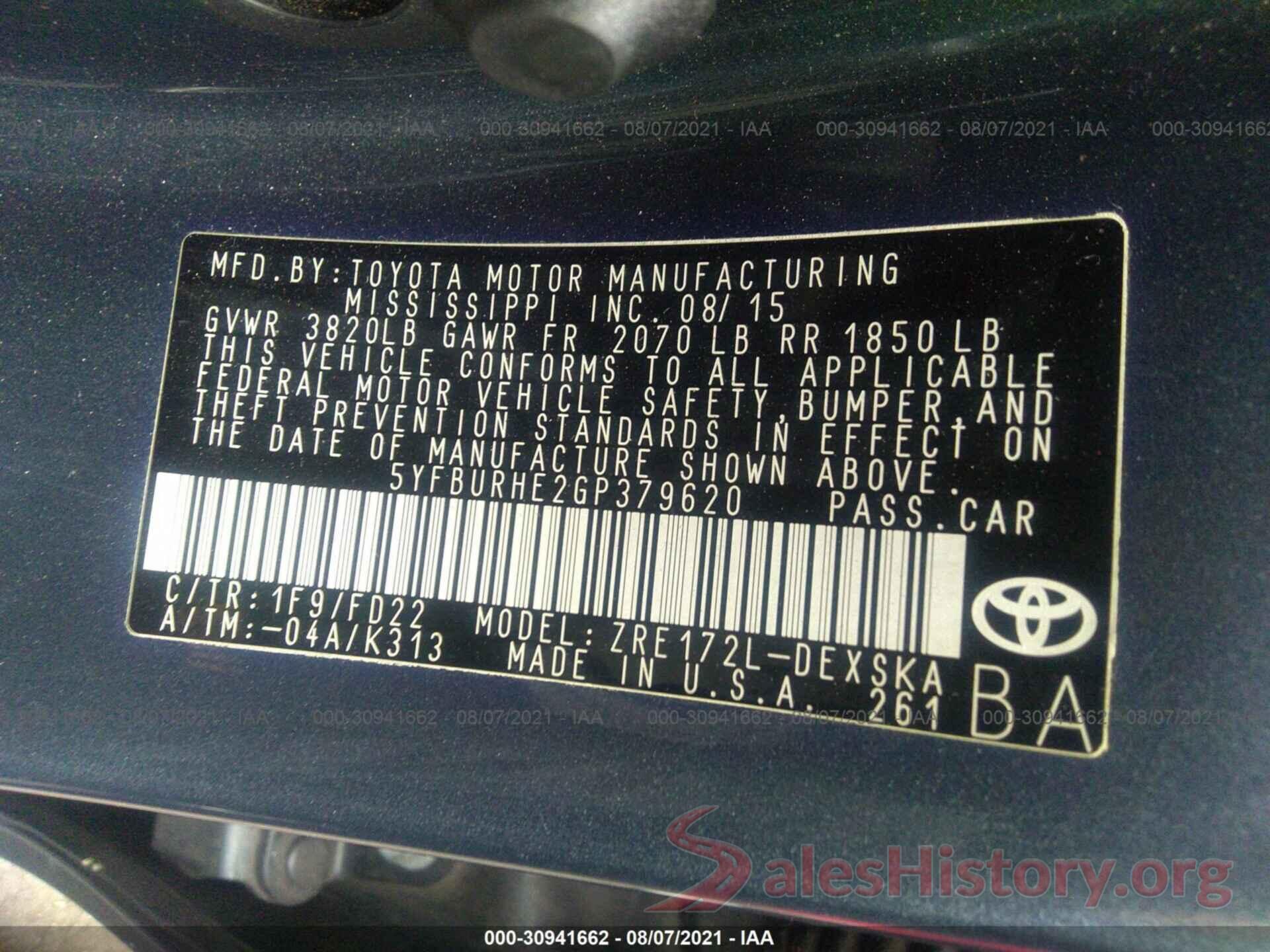 5YFBURHE2GP379620 2016 TOYOTA COROLLA