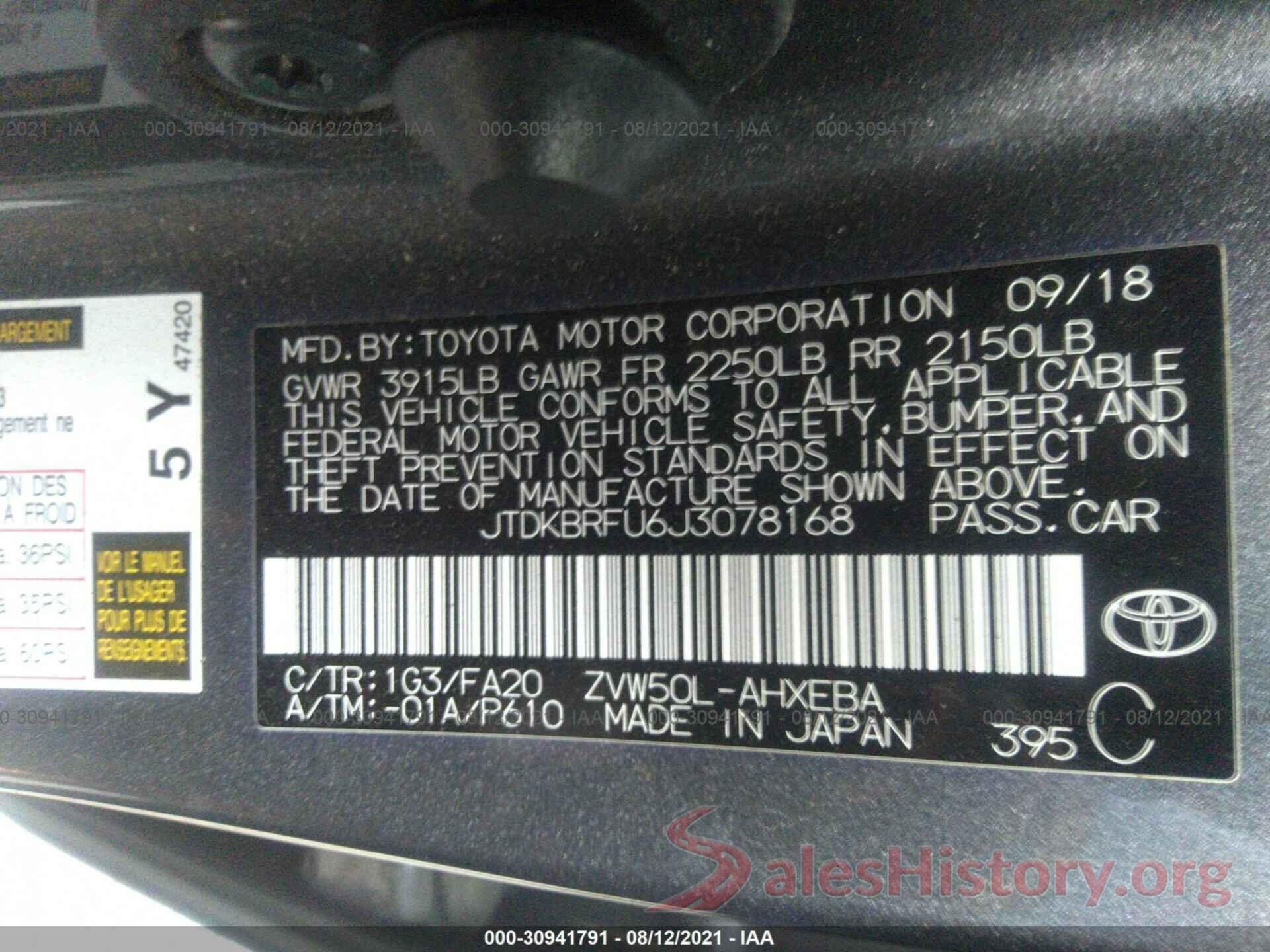 JTDKBRFU6J3078168 2018 TOYOTA PRIUS