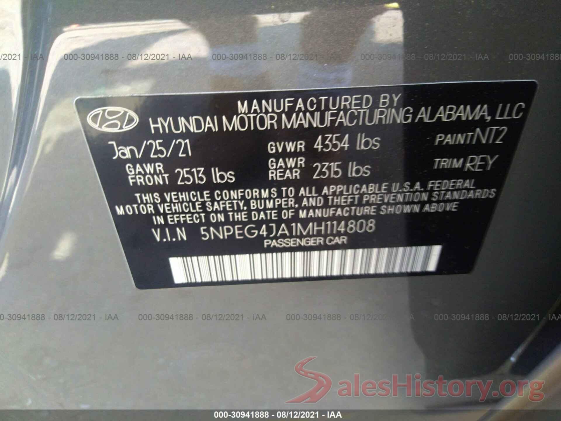 5NPEG4JA1MH114808 2021 HYUNDAI SONATA