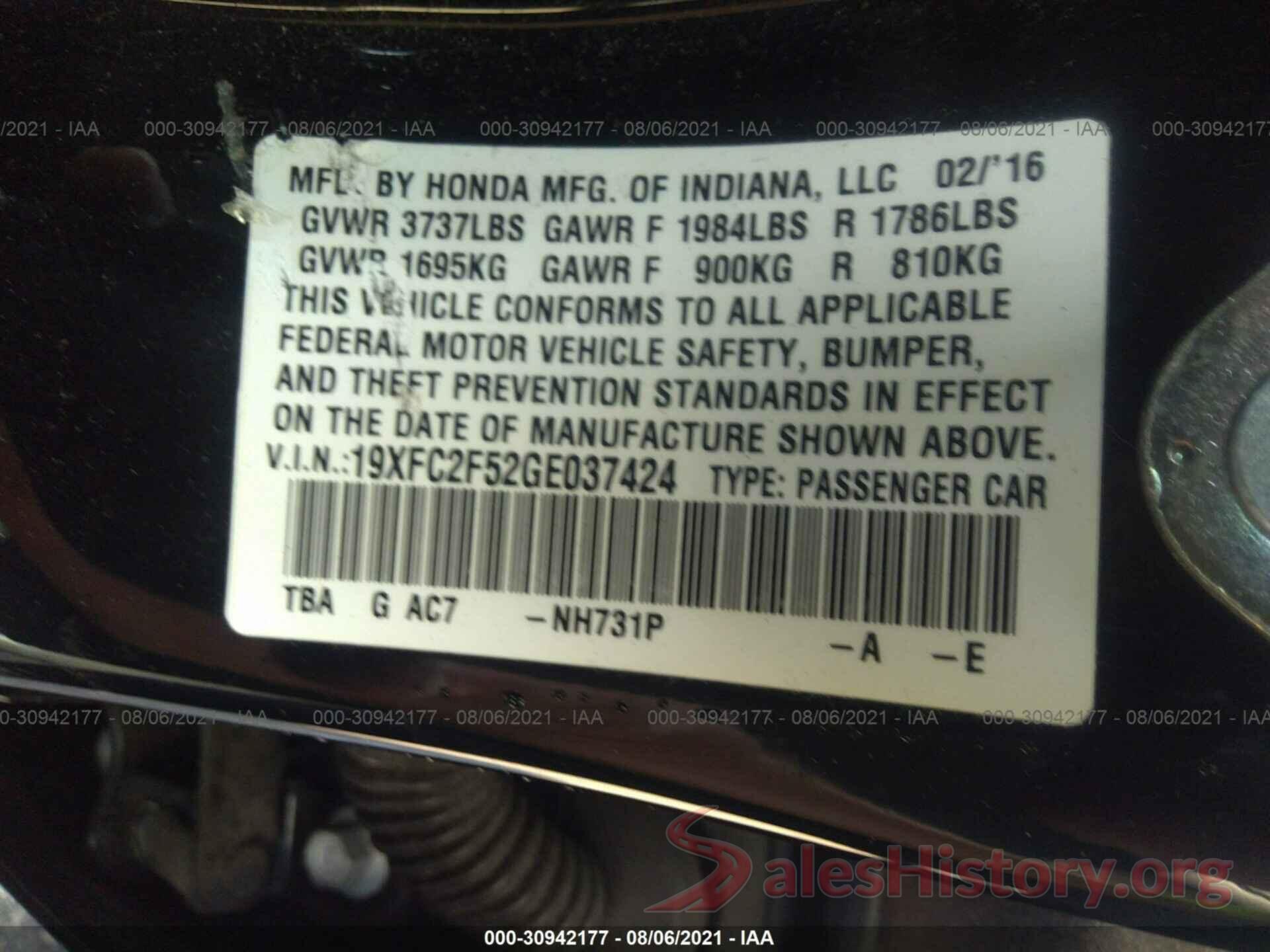 19XFC2F52GE037424 2016 HONDA CIVIC SEDAN