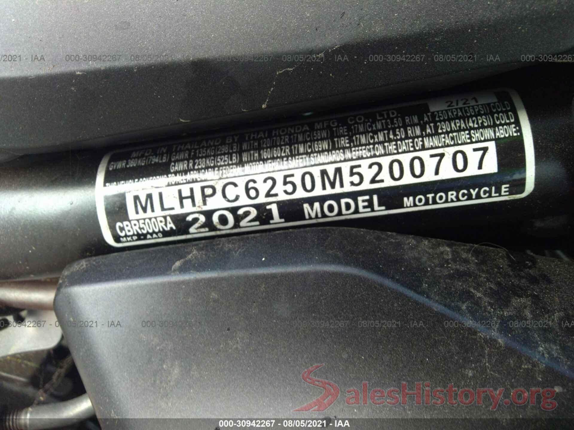 MLHPC6250M5200707 2021 HONDA CBR500