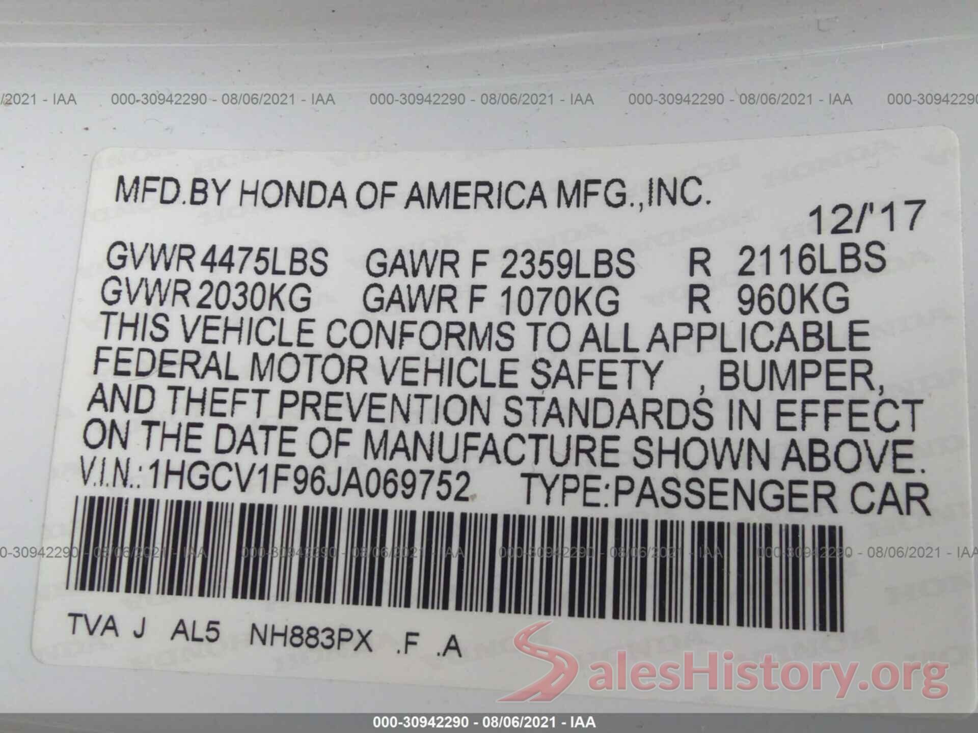 1HGCV1F96JA069752 2018 HONDA ACCORD SEDAN