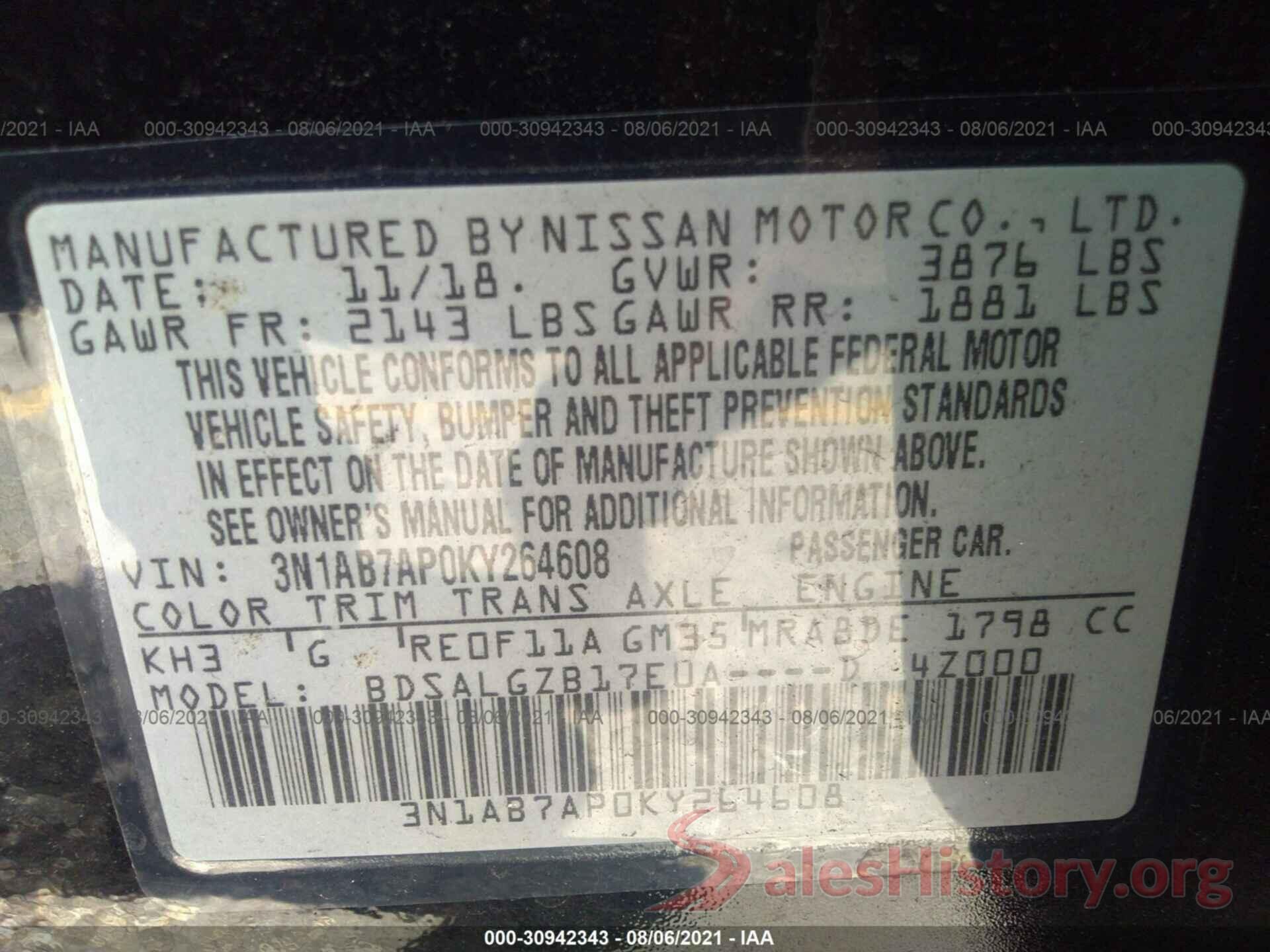 3N1AB7AP0KY264608 2019 NISSAN SENTRA