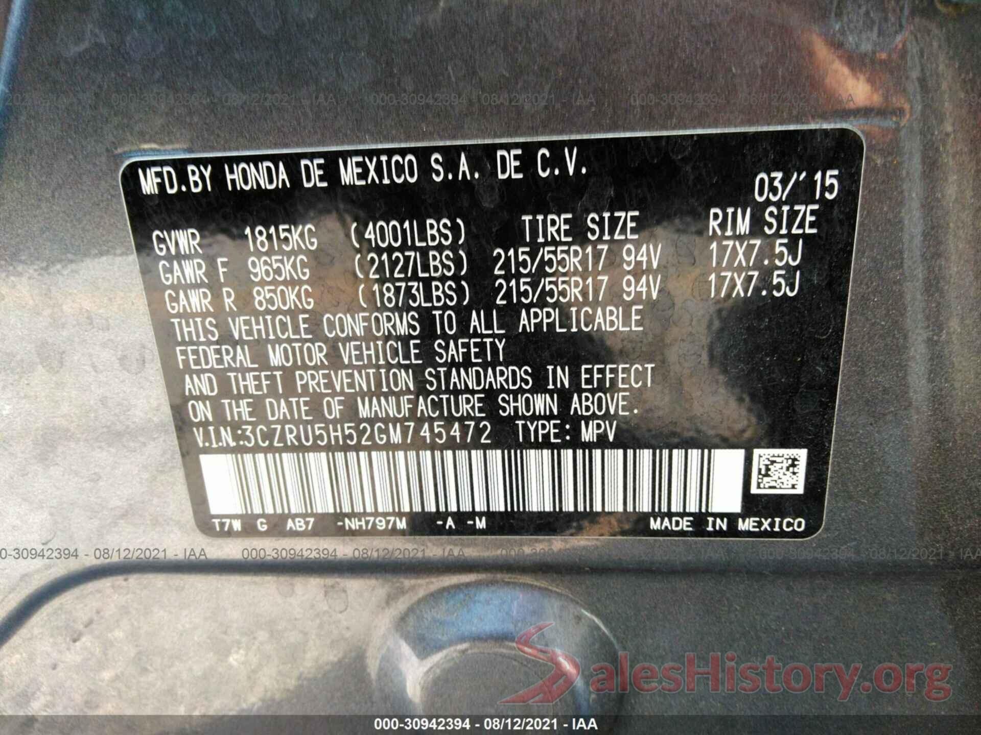 3CZRU5H52GM745472 2016 HONDA HR-V