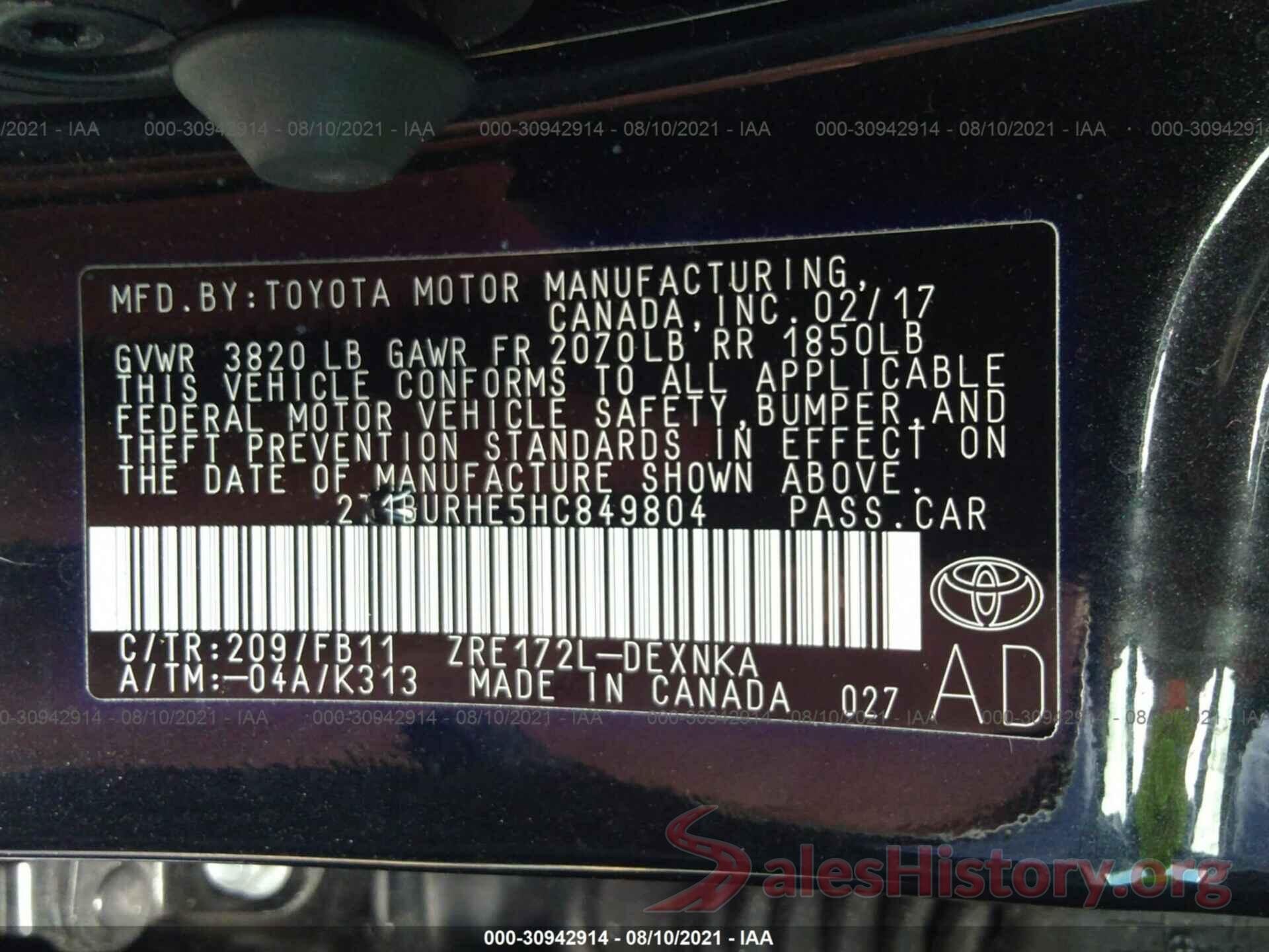 2T1BURHE5HC849804 2017 TOYOTA COROLLA