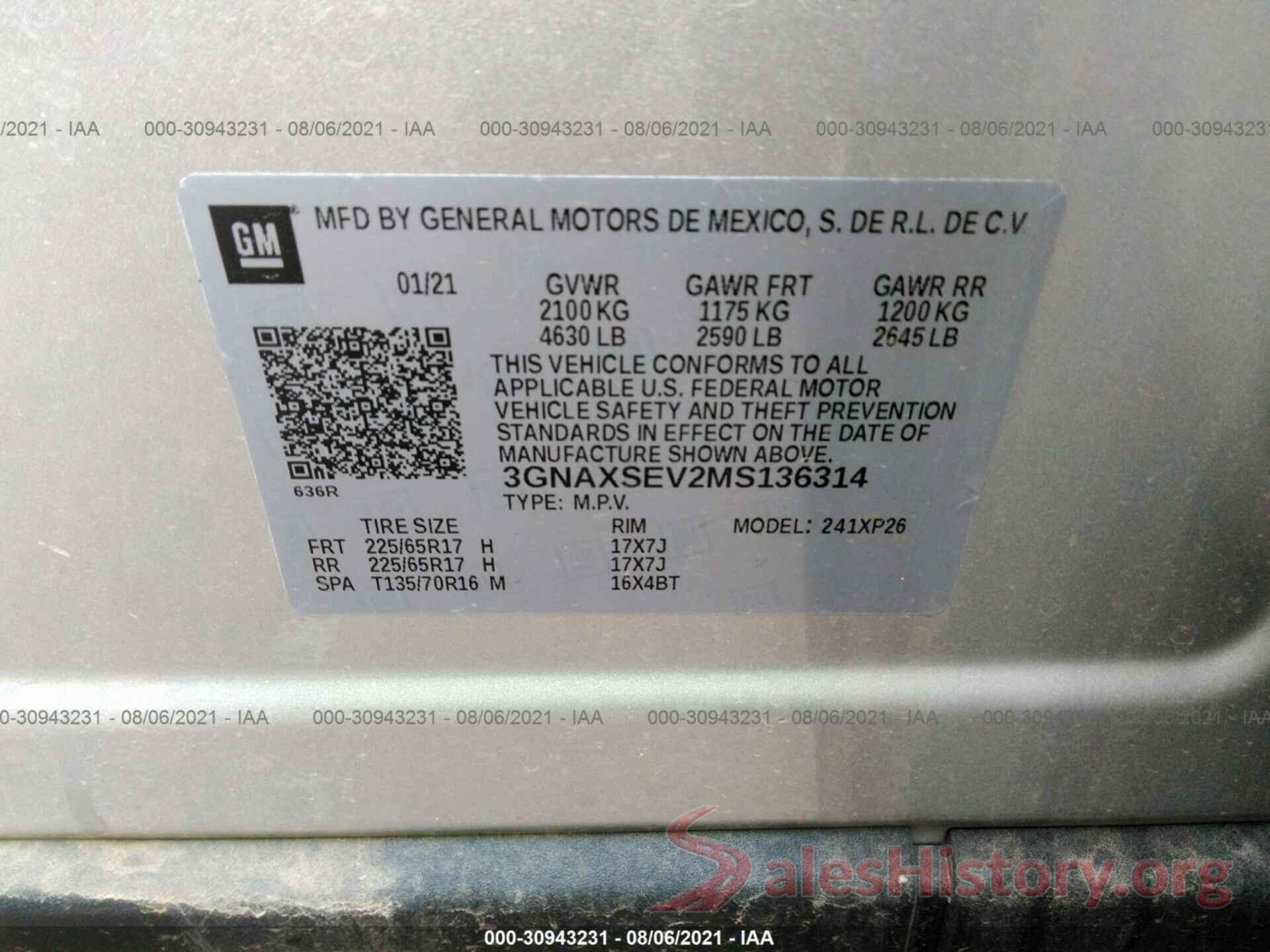 3GNAXSEV2MS136314 2021 CHEVROLET EQUINOX