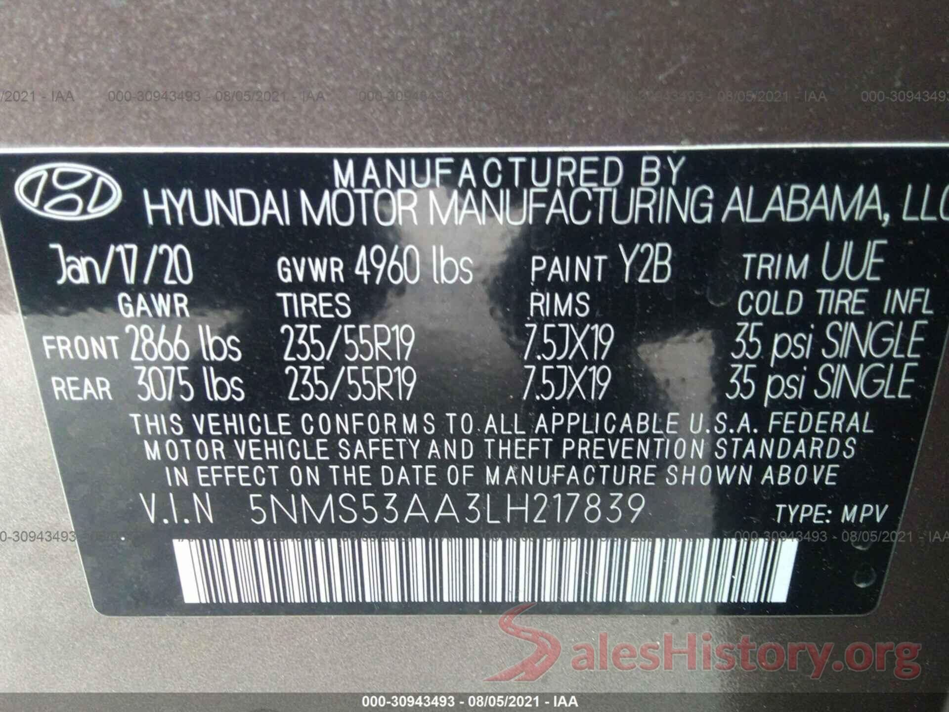 5NMS53AA3LH217839 2020 HYUNDAI SANTA FE