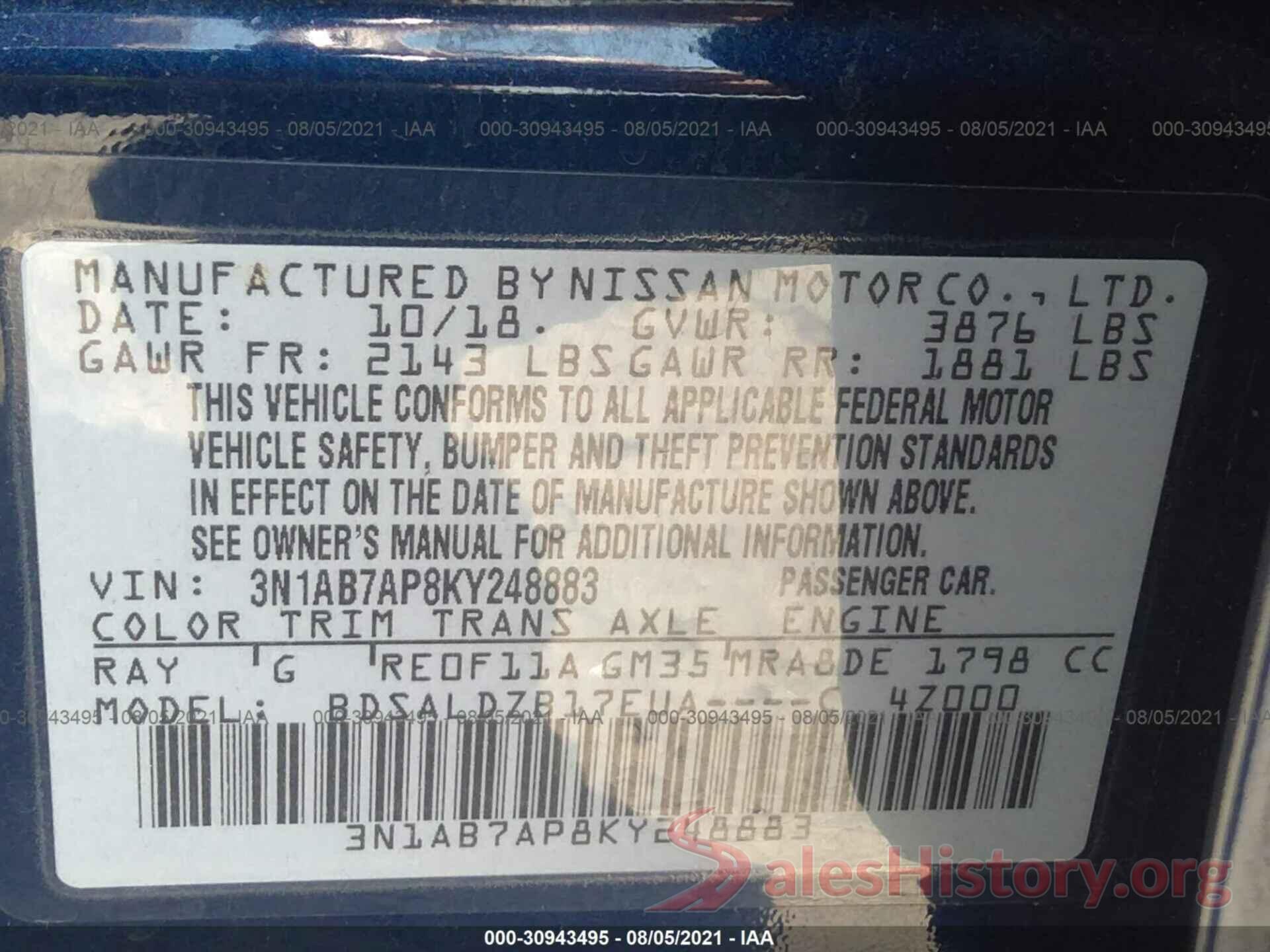 3N1AB7AP8KY248883 2019 NISSAN SENTRA